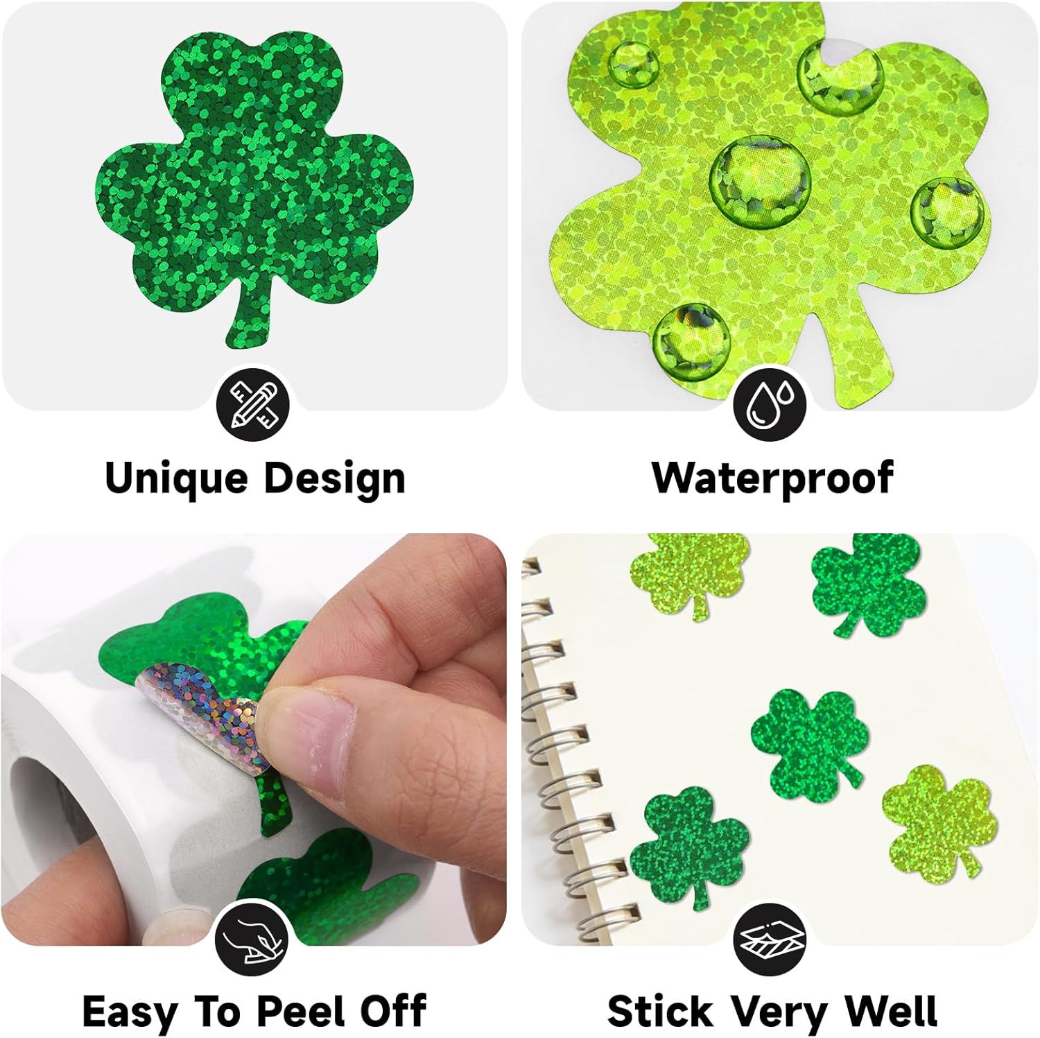 St.Patrick's Day Shamrock Stickers - 500Pcs 1.5'' Laser Shamrock Shape Stickers Roll Self Adhesive Holographic Green Irish Lucky Clover Sticker for Envelope Seal Card St.Patrick's Day (3 Color)