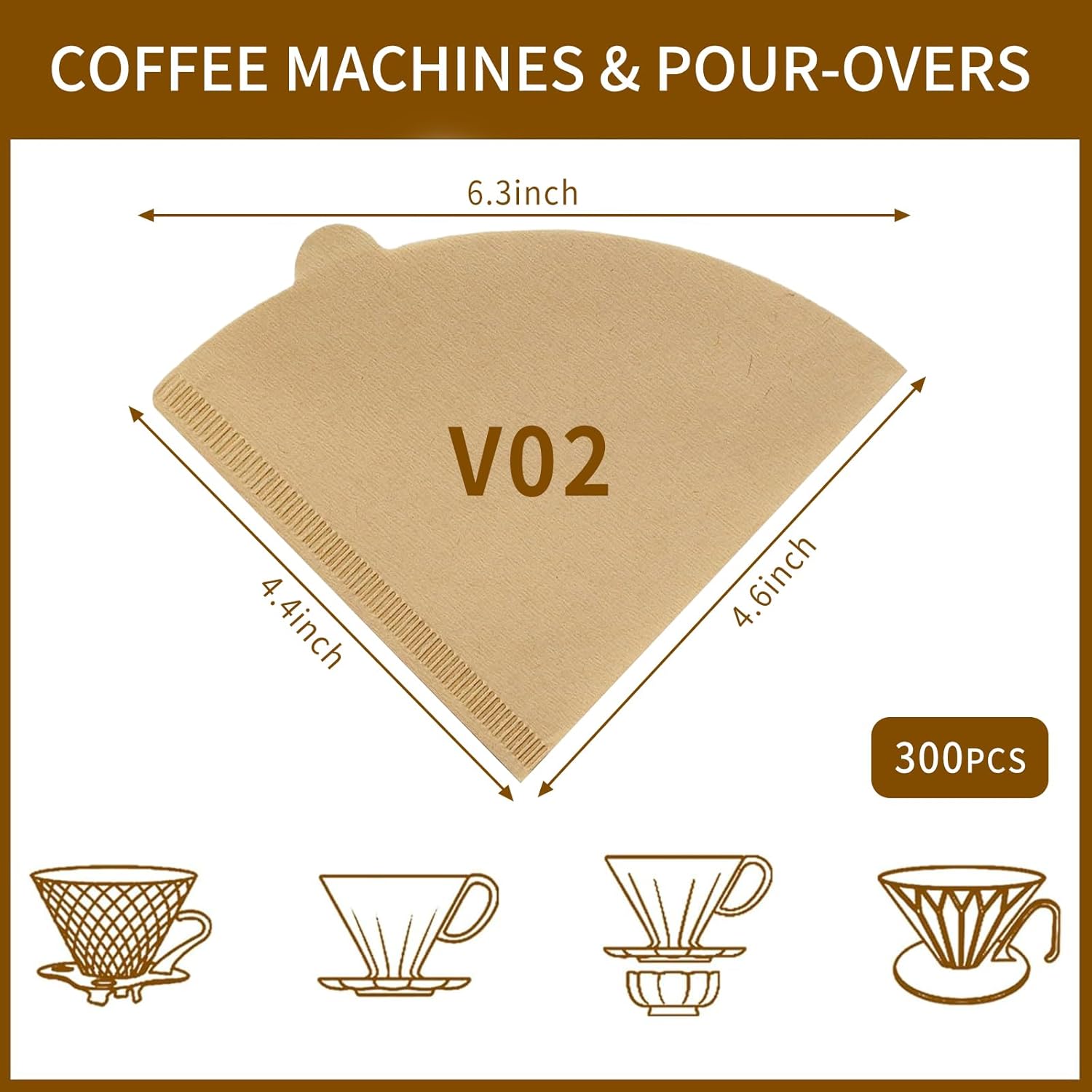 Coffee Filters, 300 Count Size 02 Pour Over Coffee Filter, 1-4 Cups Disposable Cone Paper Coffee Filters 2， Compatible with Conical Shaped Dripper and Drip Coffee Maker (Natural)