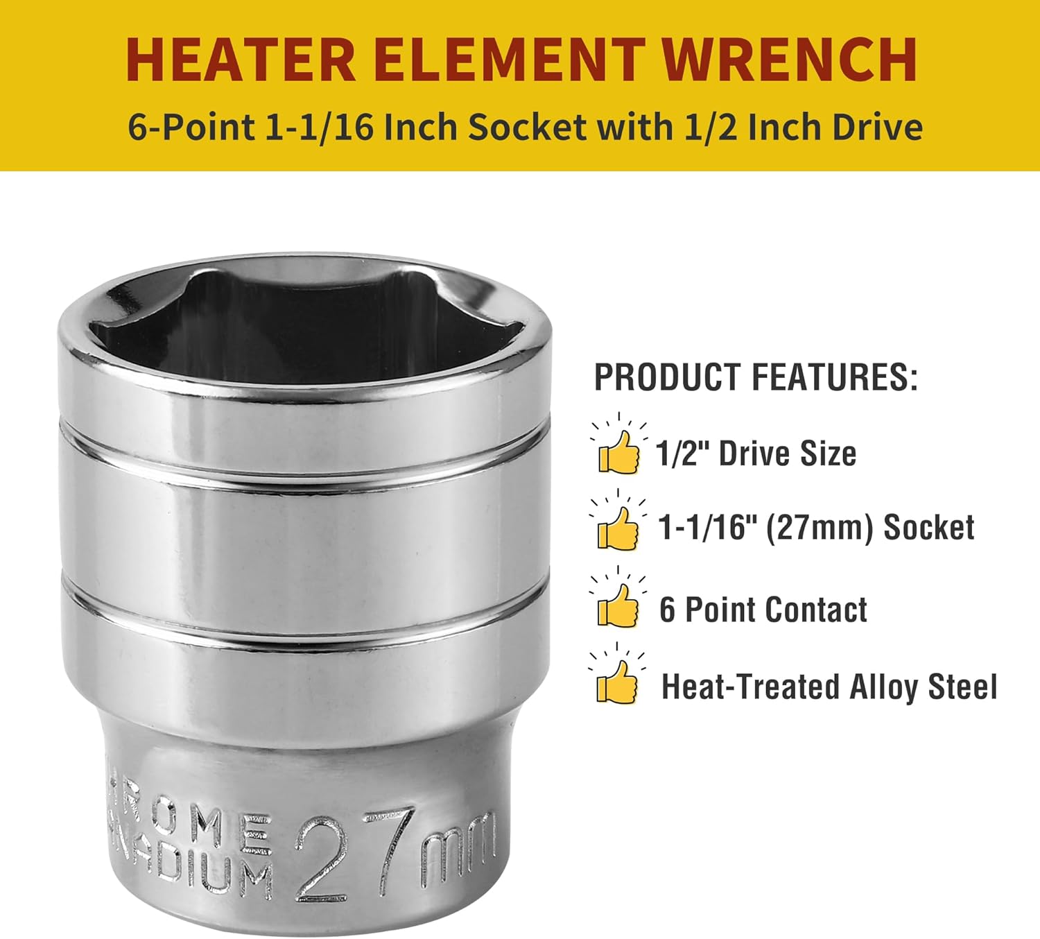 1-1/16 Inch RV Water Heater Element Socket Wrench for 3/4" NPT Thread Anode Rod, 27mm Anode Rod Socket for Replacing Magnesium Rods on RV, Camper Travel or Trailers, 6-Point Design with 1/2-Inch Drive