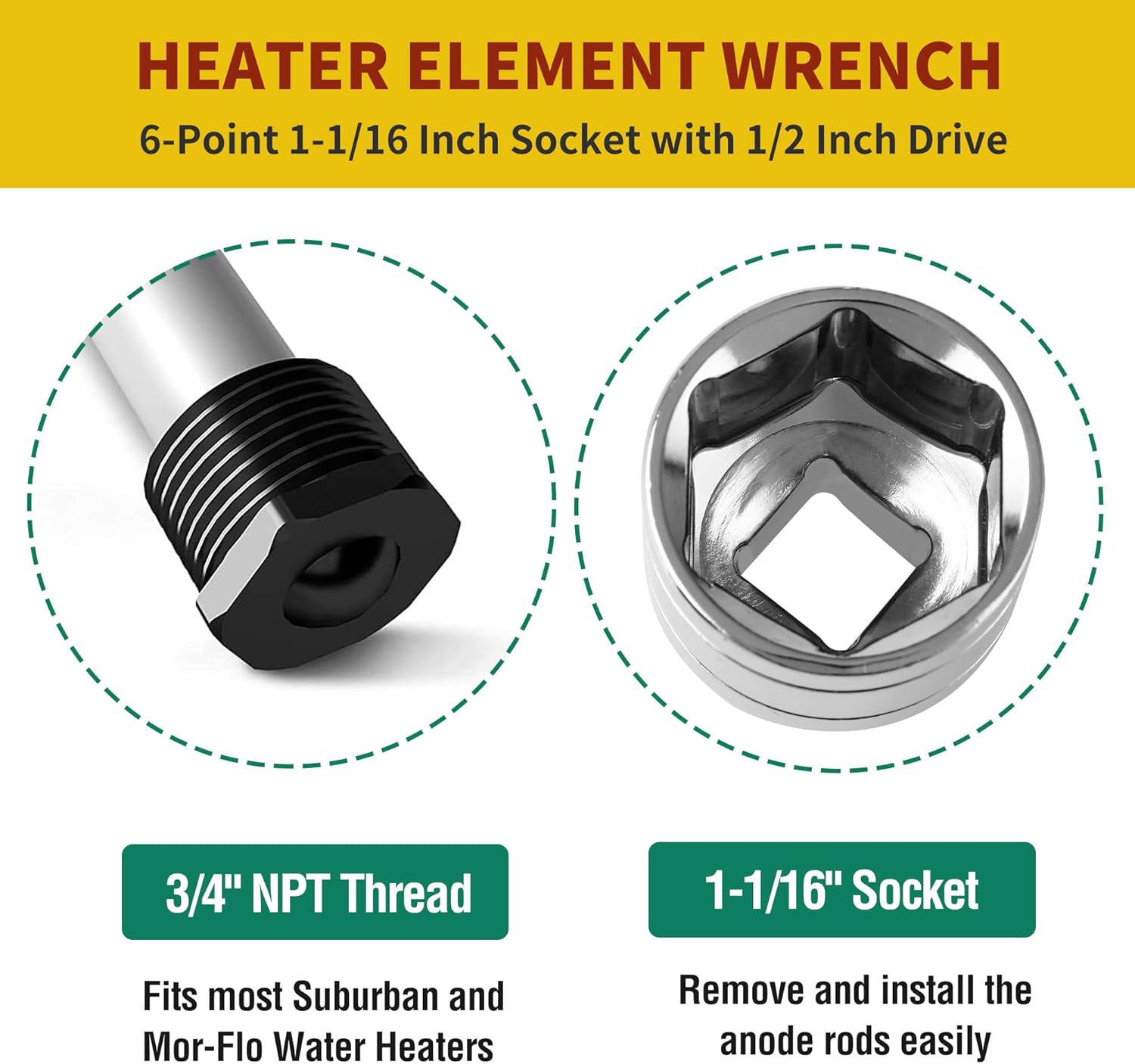 1-1/16 Inch RV Water Heater Element Socket Wrench for 3/4" NPT Thread Anode Rod, 27mm Anode Rod Socket for Replacing Magnesium Rods on RV, Camper Travel or Trailers, 6-Point Design with 1/2-Inch Drive