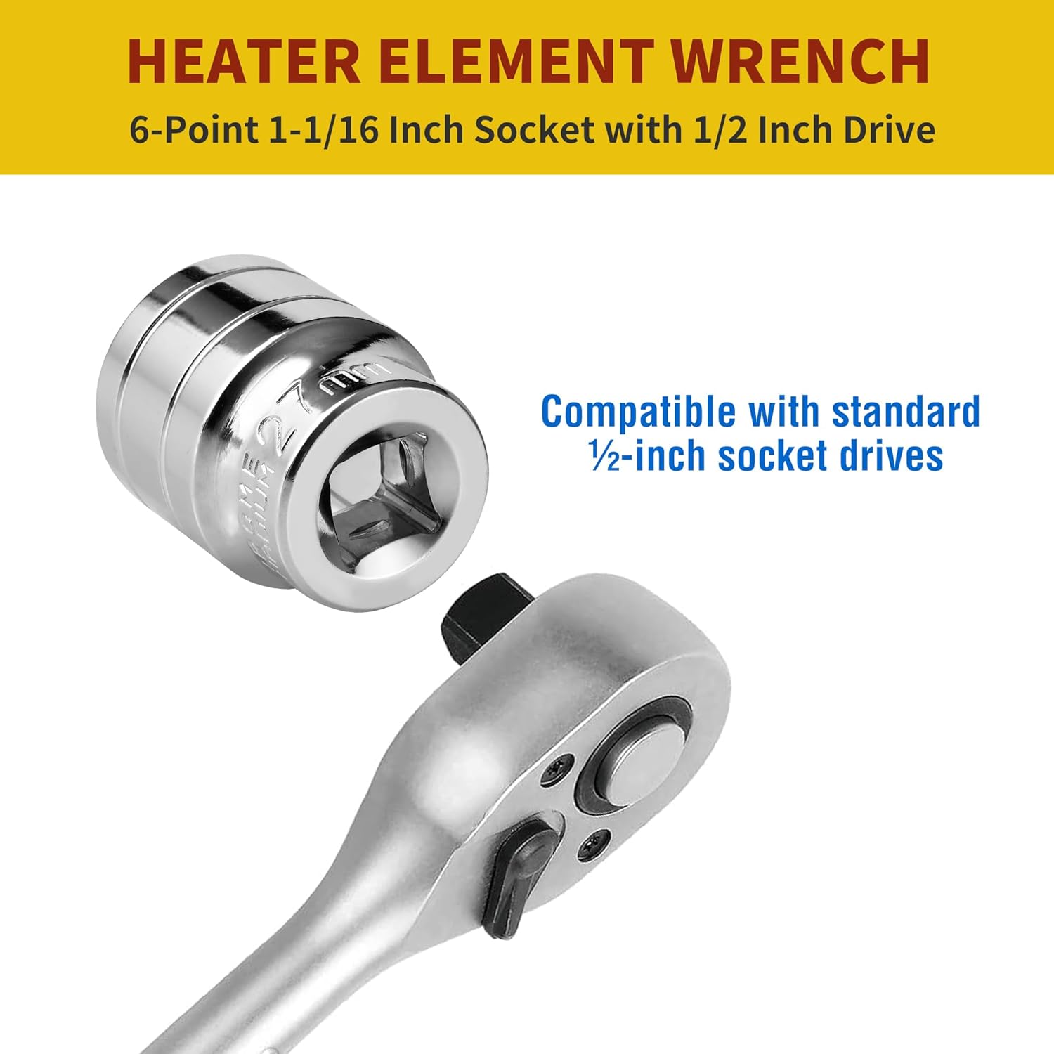 1-1/16 Inch RV Water Heater Element Socket Wrench for 3/4" NPT Thread Anode Rod, 27mm Anode Rod Socket for Replacing Magnesium Rods on RV, Camper Travel or Trailers, 6-Point Design with 1/2-Inch Drive
