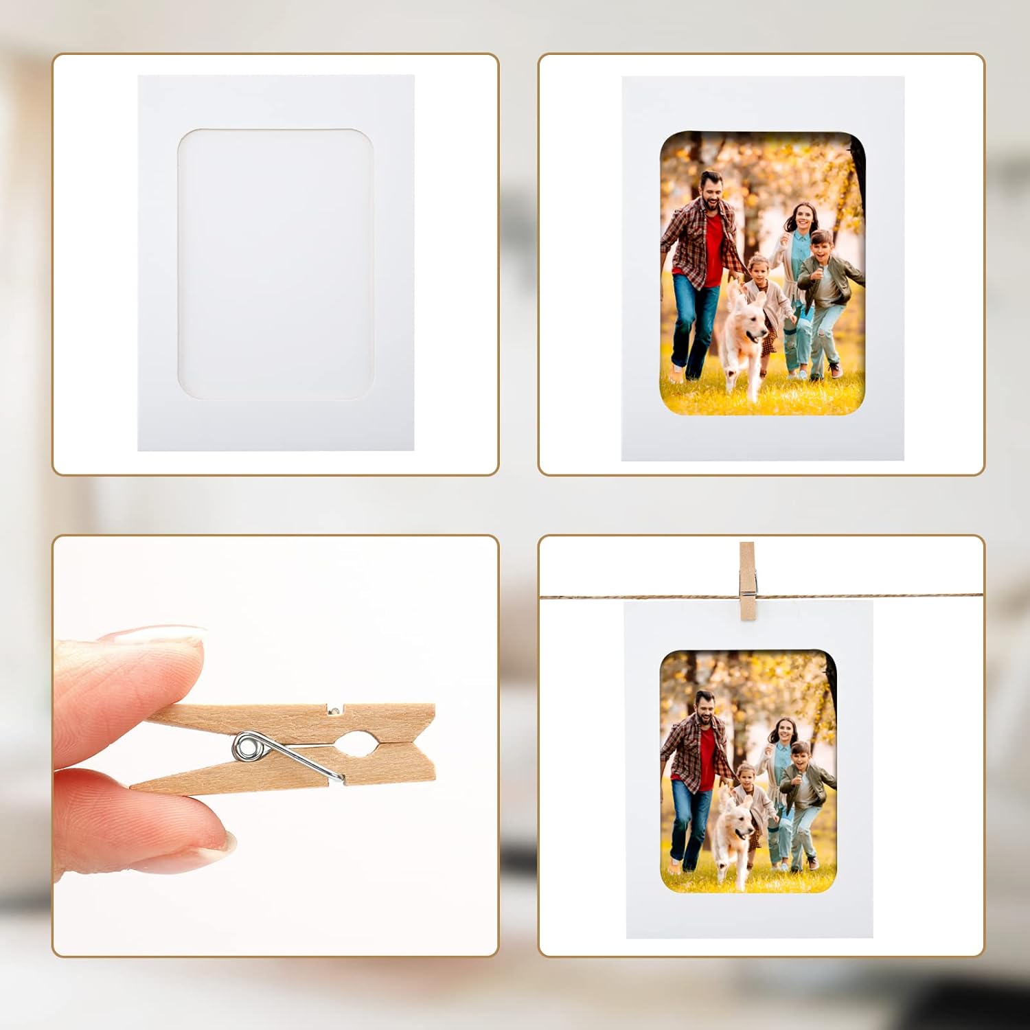 20Pcs Paper Photo Frames, 4x6Inch White Picture Display Holders, Cardborad Picture Frames with String and Clips, DIY Graduation Photo Hanging Banner for Home, Classroom, Offices