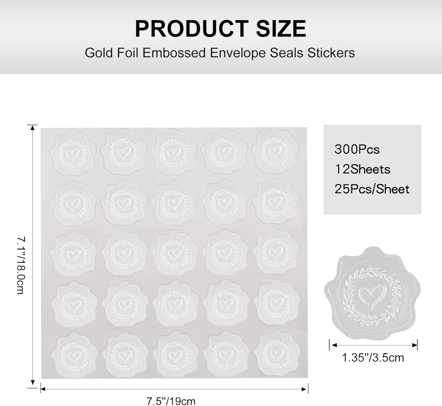 Heart Envelope Seals, Silver Embossed Wax Seal Looking, 300Pcs Wedding Envelope Stickers, Self-Adhesive Silver Foil Stamps for Wedding Invitation Card Bridal Shower Party Favors