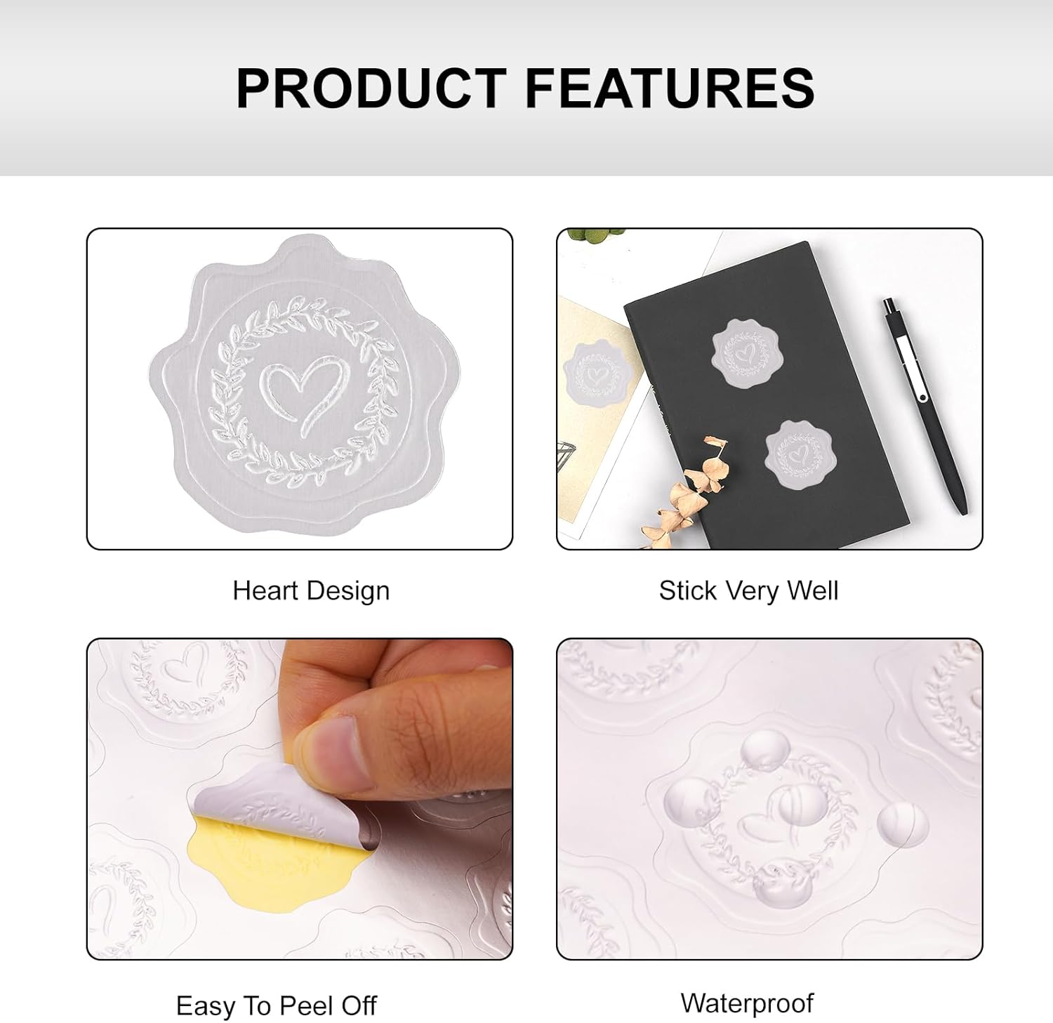 Heart Envelope Seals, Silver Embossed Wax Seal Looking, 300Pcs Wedding Envelope Stickers, Self-Adhesive Silver Foil Stamps for Wedding Invitation Card Bridal Shower Party Favors