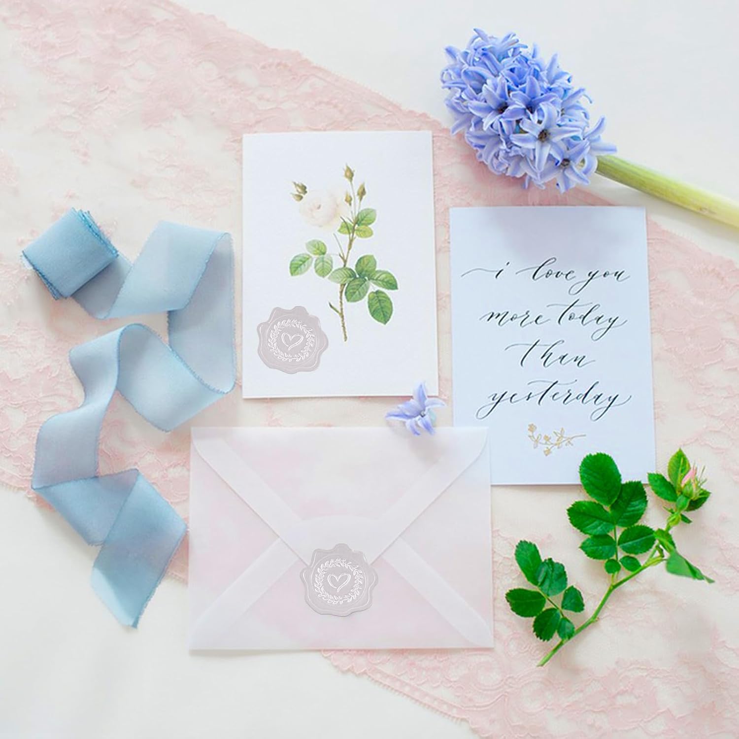 Heart Envelope Seals, Silver Embossed Wax Seal Looking, 300Pcs Wedding Envelope Stickers, Self-Adhesive Silver Foil Stamps for Wedding Invitation Card Bridal Shower Party Favors