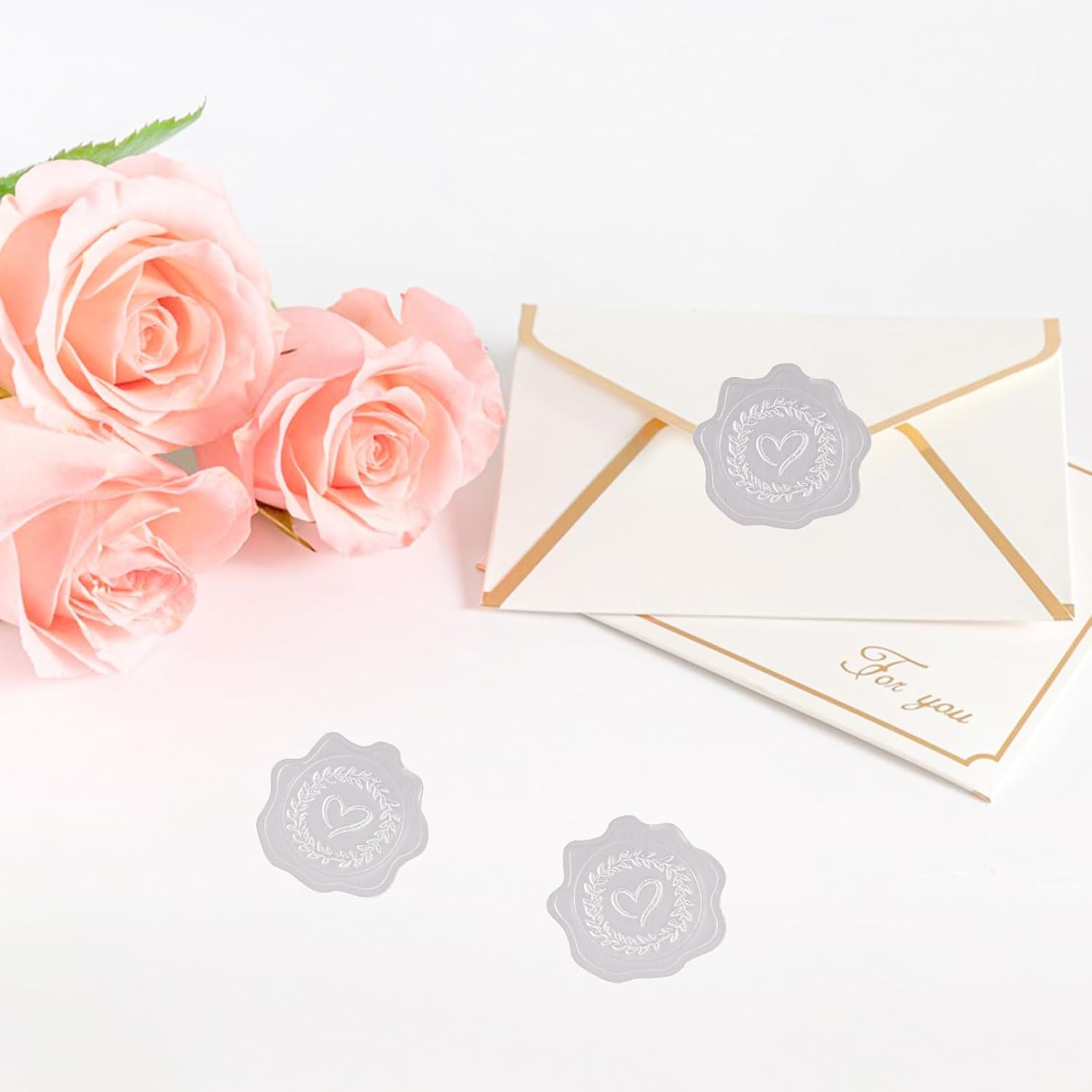 Heart Envelope Seals, Silver Embossed Wax Seal Looking, 300Pcs Wedding Envelope Stickers, Self-Adhesive Silver Foil Stamps for Wedding Invitation Card Bridal Shower Party Favors