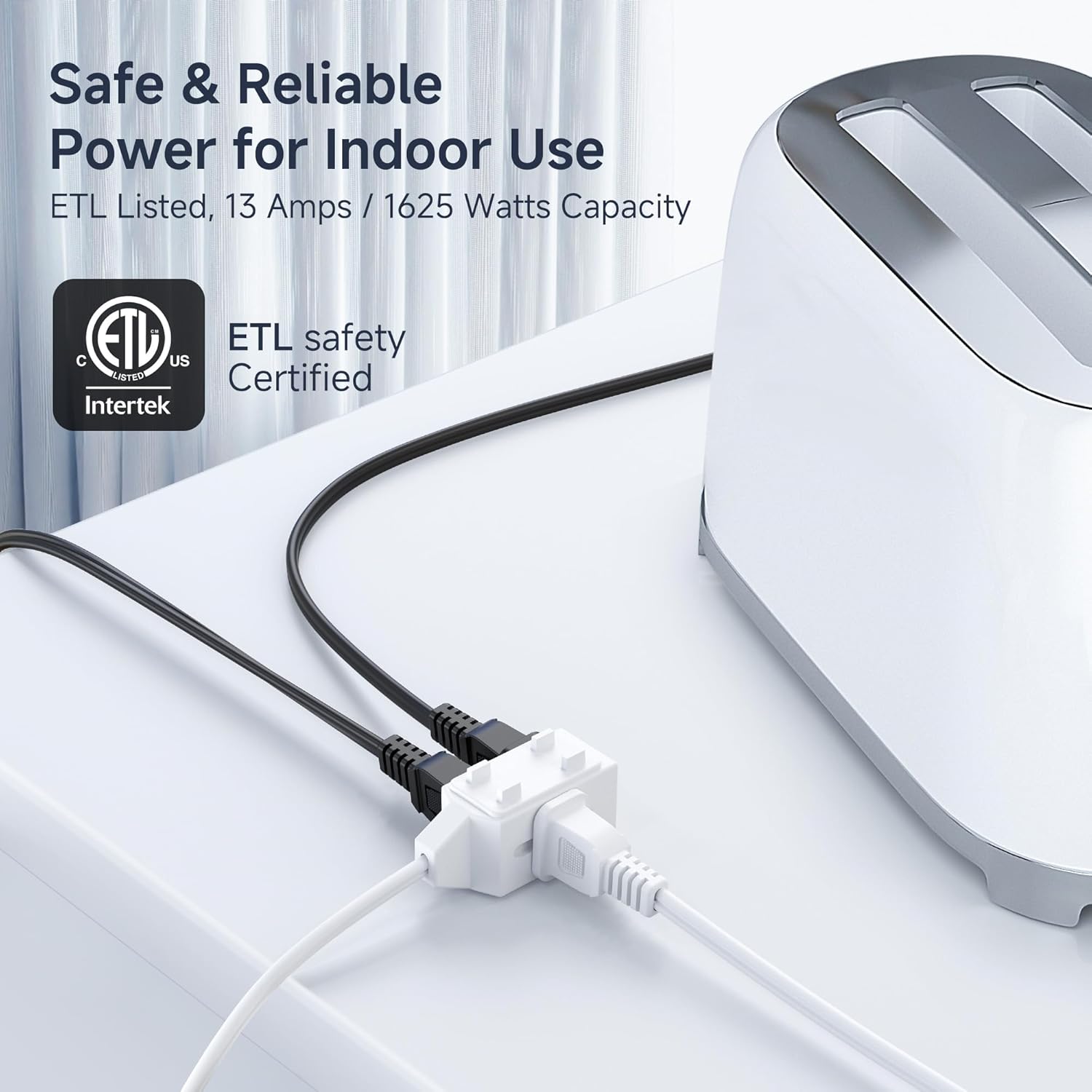 [ETL Listed] 2-Pack 16 AWG 2 Prong Extension Cord 6 ft, 13A 3-Outlet Extension Cords with Tamper Guard, 13 Amp, 1625 Watts, White