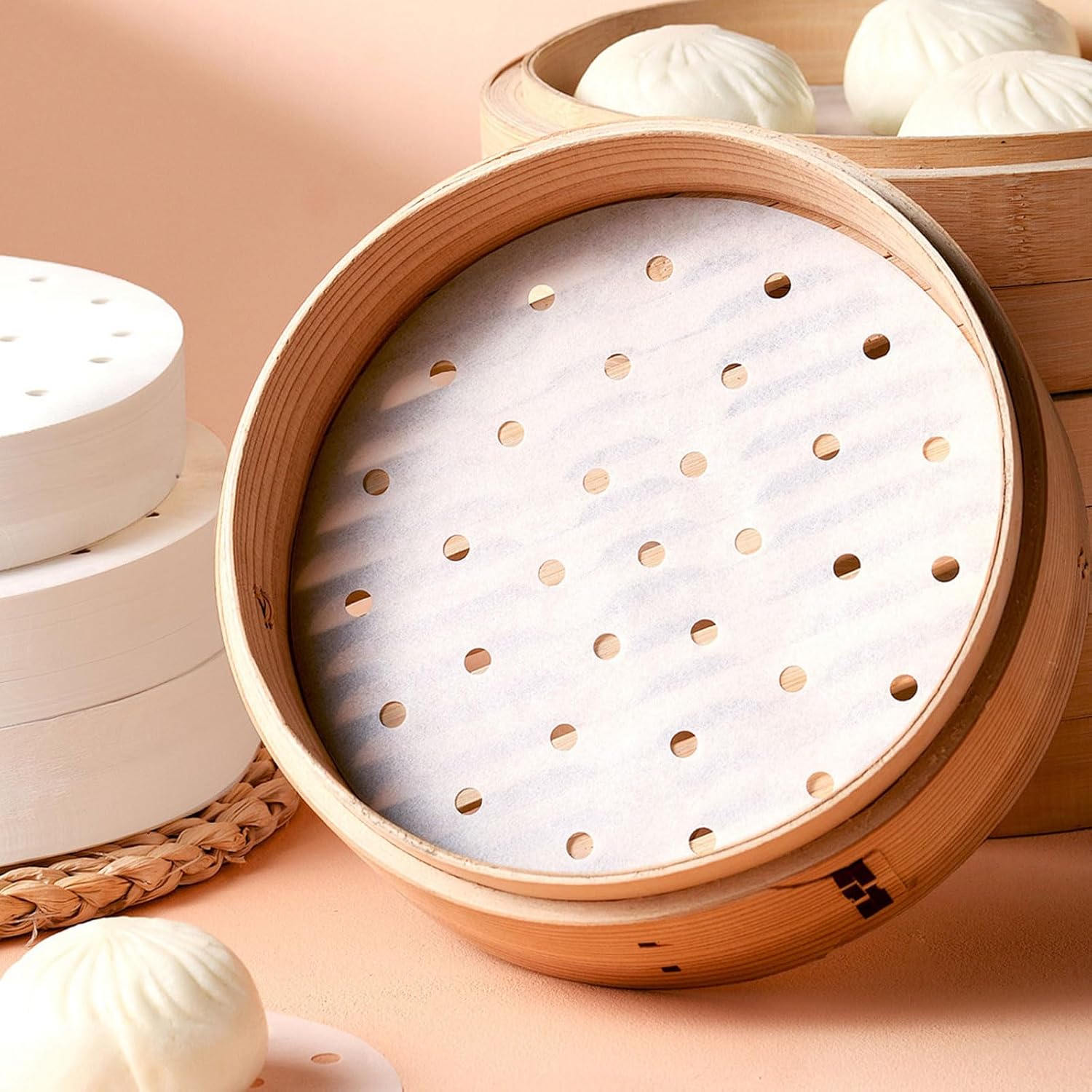 200 Pack Round Air Fryer Parchment Paper, 5 Inch Disposable Dumpling Steam Paper Perforated Bamboo Steamer Liners, Air Fryer Liner for Airfryer, Steaming Basket and Mores