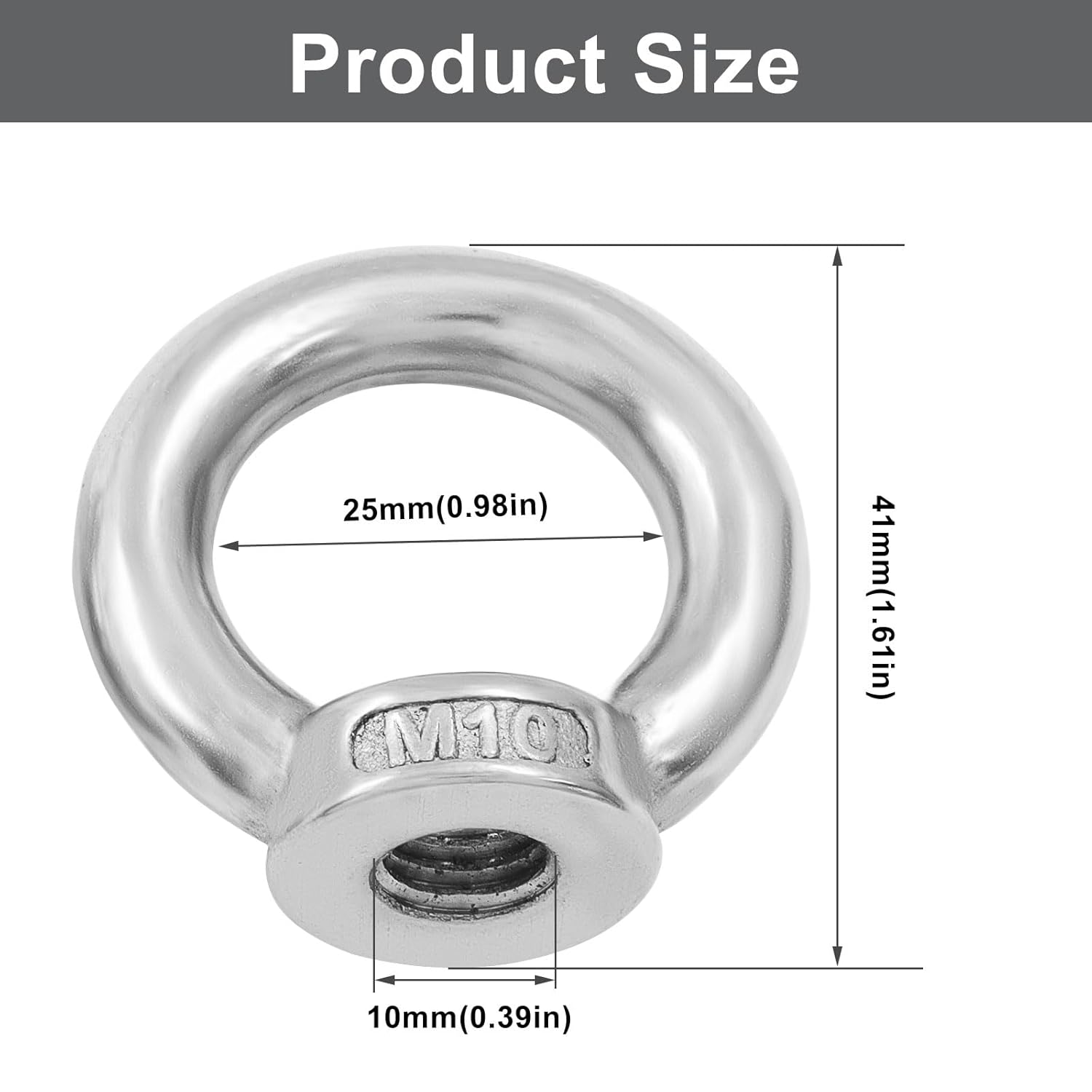 6 Pcs M10 304 Stainless Steel Lifting Eye Nut, 3/8" Metric Ring Shape Nut Threaded Fastener for Boating/Industrial Use