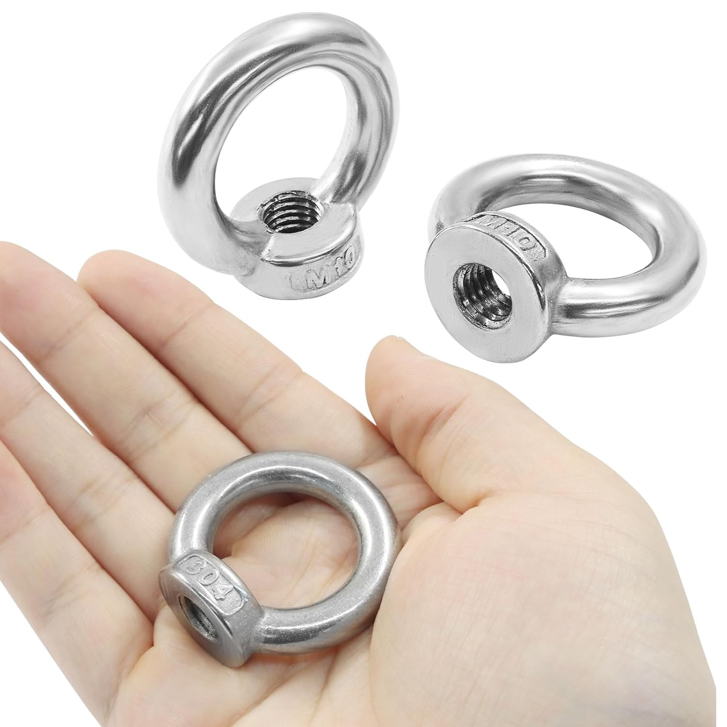 6 Pcs M10 304 Stainless Steel Lifting Eye Nut, 3/8" Metric Ring Shape Nut Threaded Fastener for Boating/Industrial Use