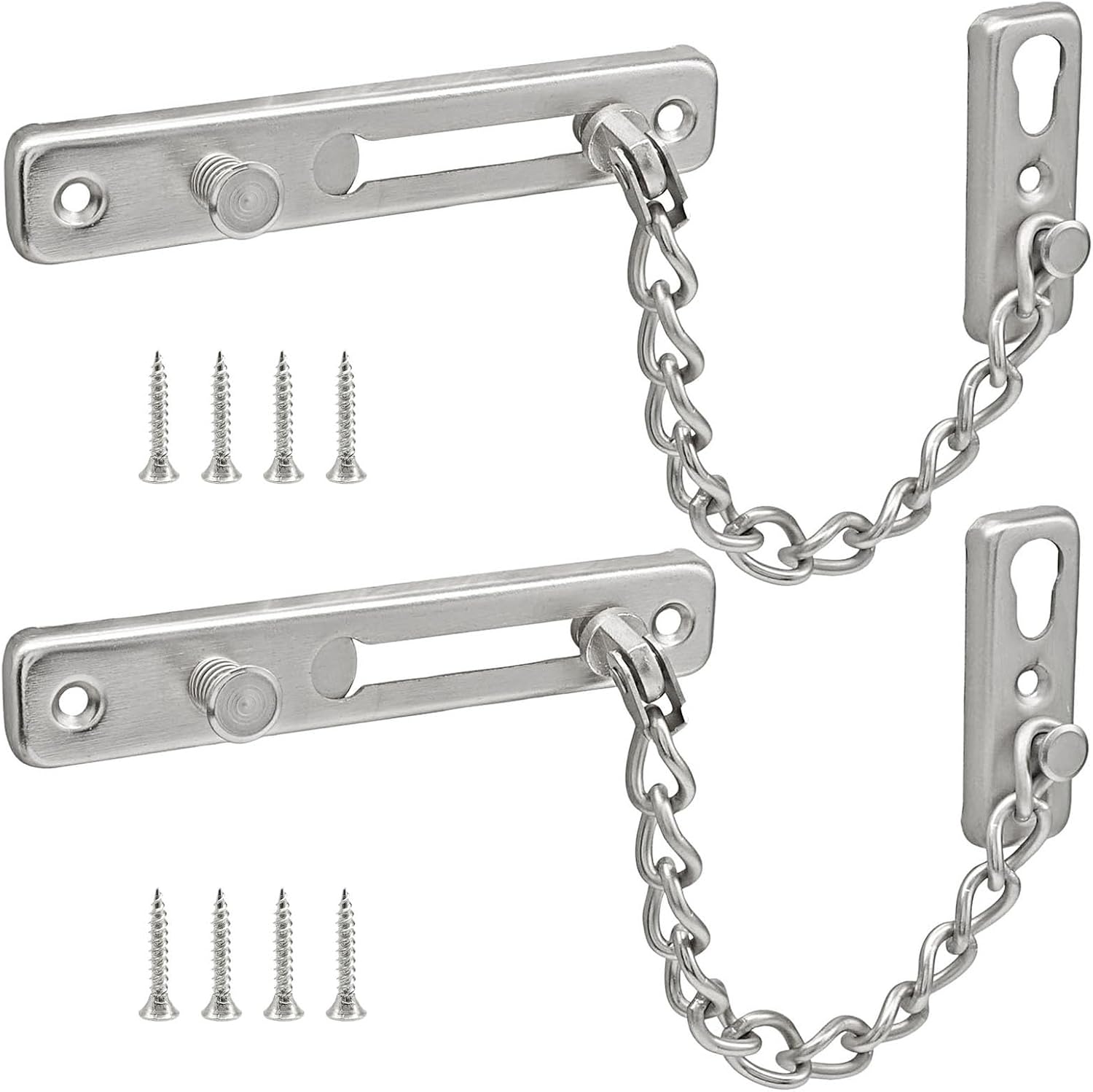 Heavy Duty Door Chain Lock with Mounting Screws, Stainless Steel Door Chain Guard for Front Doors, Pet Safe (Silver, 2 Pack)