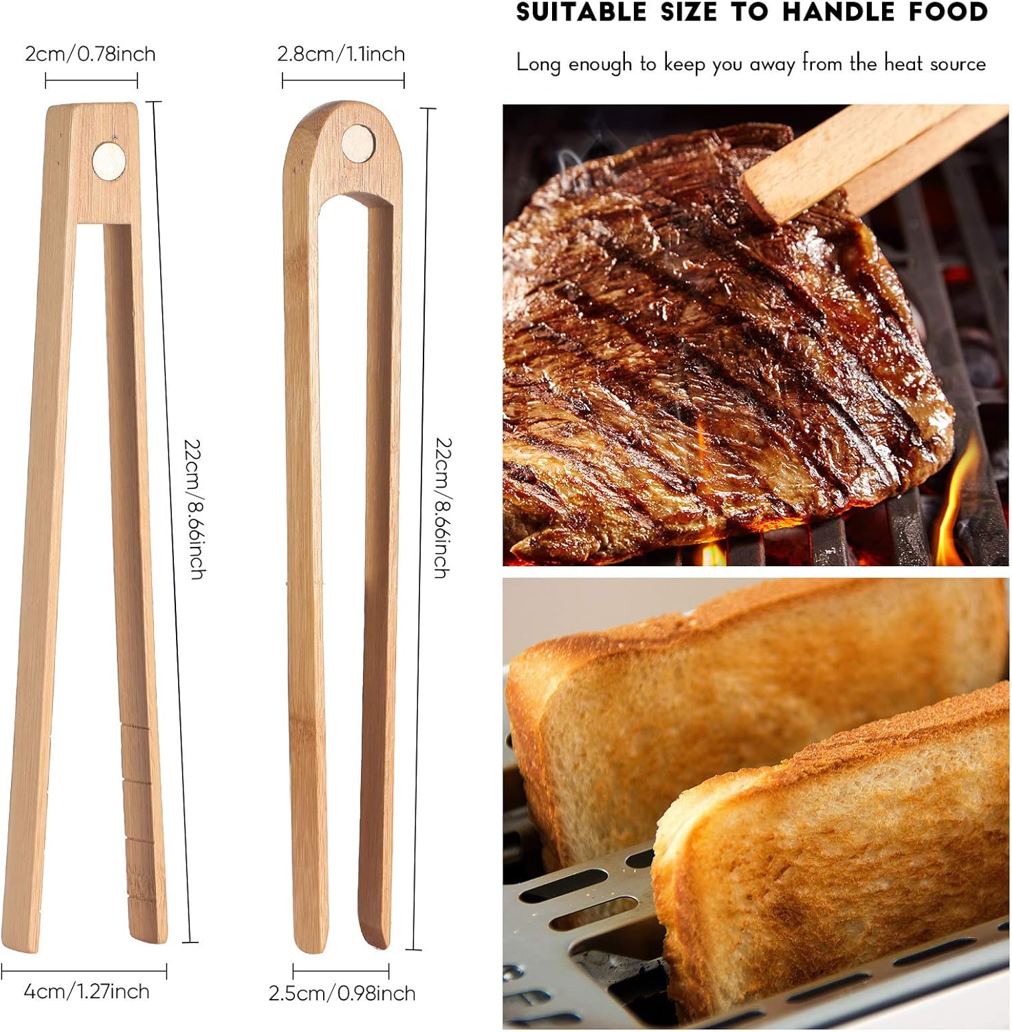 2 Pieces 8.7 Inch Wooden Toaster Tongs with Magnet Magnetic Bamboo Wood Toast Natural Bamboo Kitchen Utensil Accessories for Cooking Bagel Cake Muffin Bread