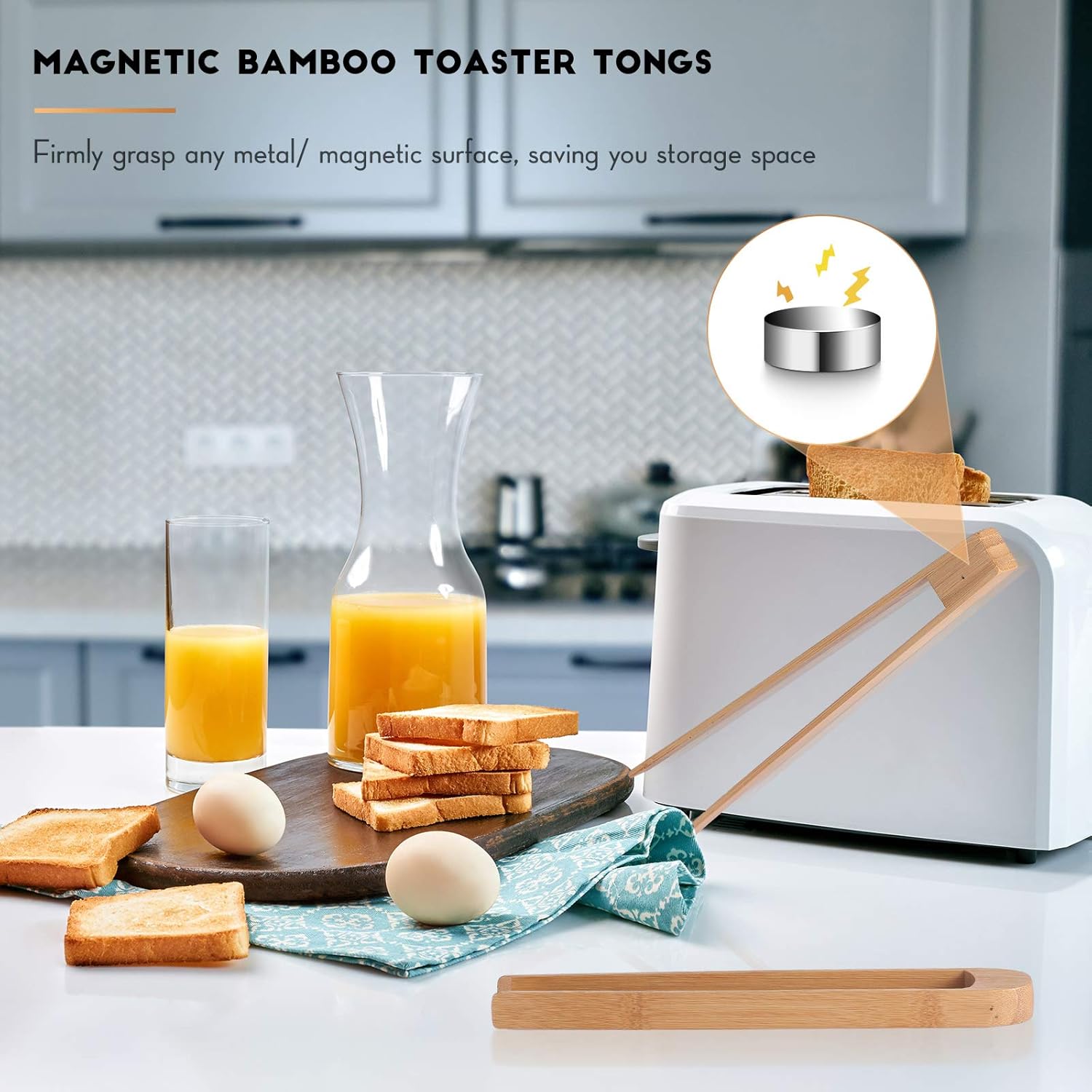 2 Pieces 8.7 Inch Wooden Toaster Tongs with Magnet Magnetic Bamboo Wood Toast Natural Bamboo Kitchen Utensil Accessories for Cooking Bagel Cake Muffin Bread