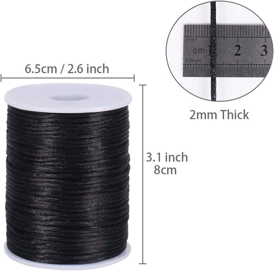 Nylon Satin Cord, 295 Feet 2mm Black Silky Rattail Cord Necklace String for Jewelry Making, Bracelets, Necklaces, Lanyards, Keychains, Beading