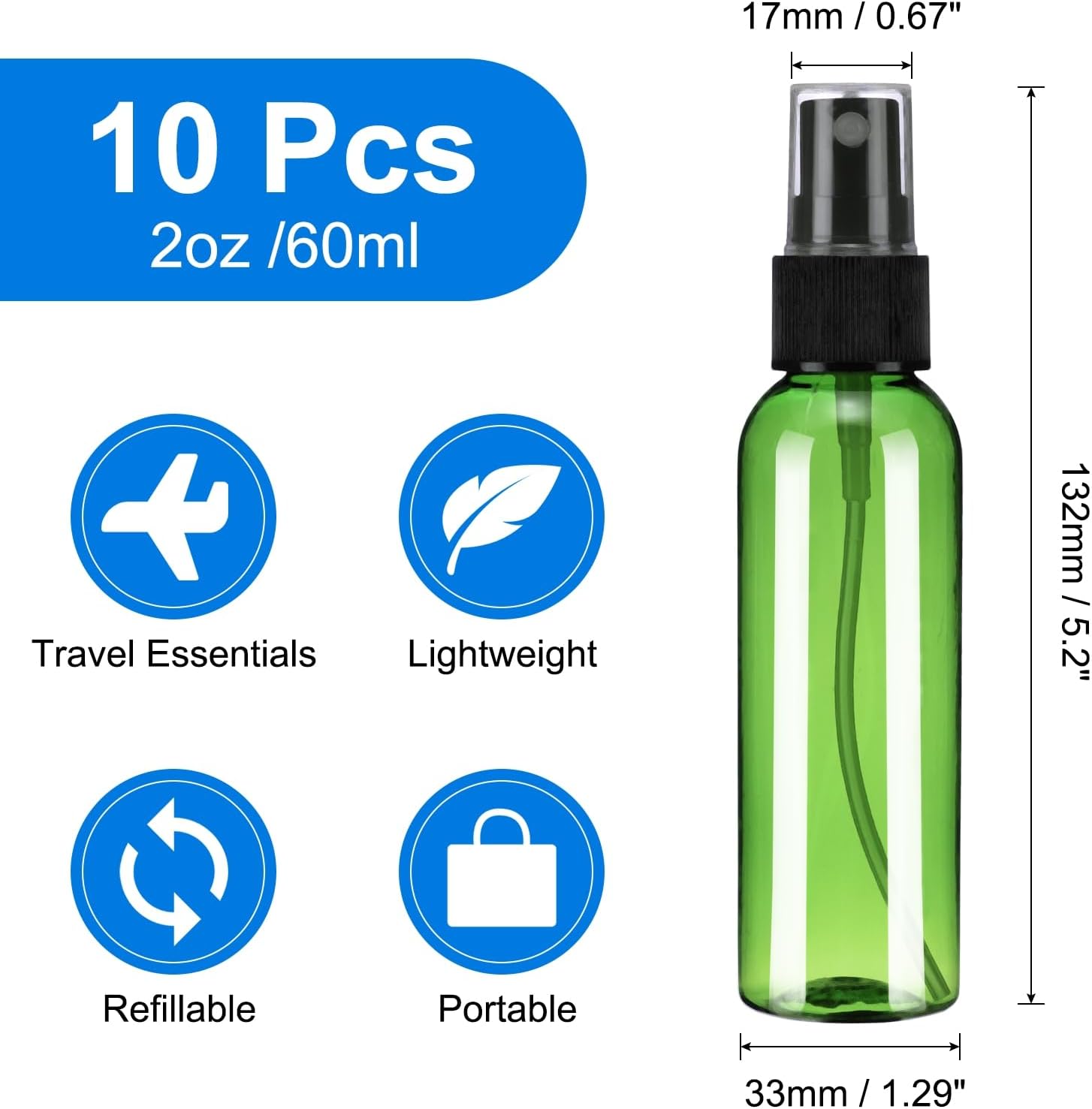 10Pack Spray Bottles, 2 Oz/60ML Reusable Clear Empty Mist Plastic Mini Travel Bottle Set,Small Refillable Liquid Containers for Household Use, Essential Oil, Cleaning (Green Black)