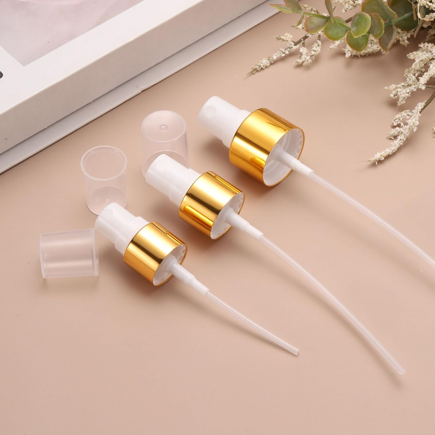 6 Pcs Gold White Spray Top, 24/410 Fine Mist Sprayer Reusable Replacement Spray Bottle Pump Plastic Top for Cosmetic Perfume and Body Sprays Bottle