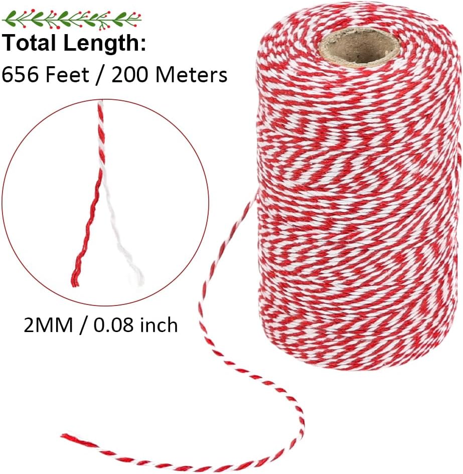 Red and White Twine, 656 Feet 200m Cotton Bakers Twine Ribbon for Baking, Butchers, Crafts, Gift Wrapping, Christmas Holiday Decorations