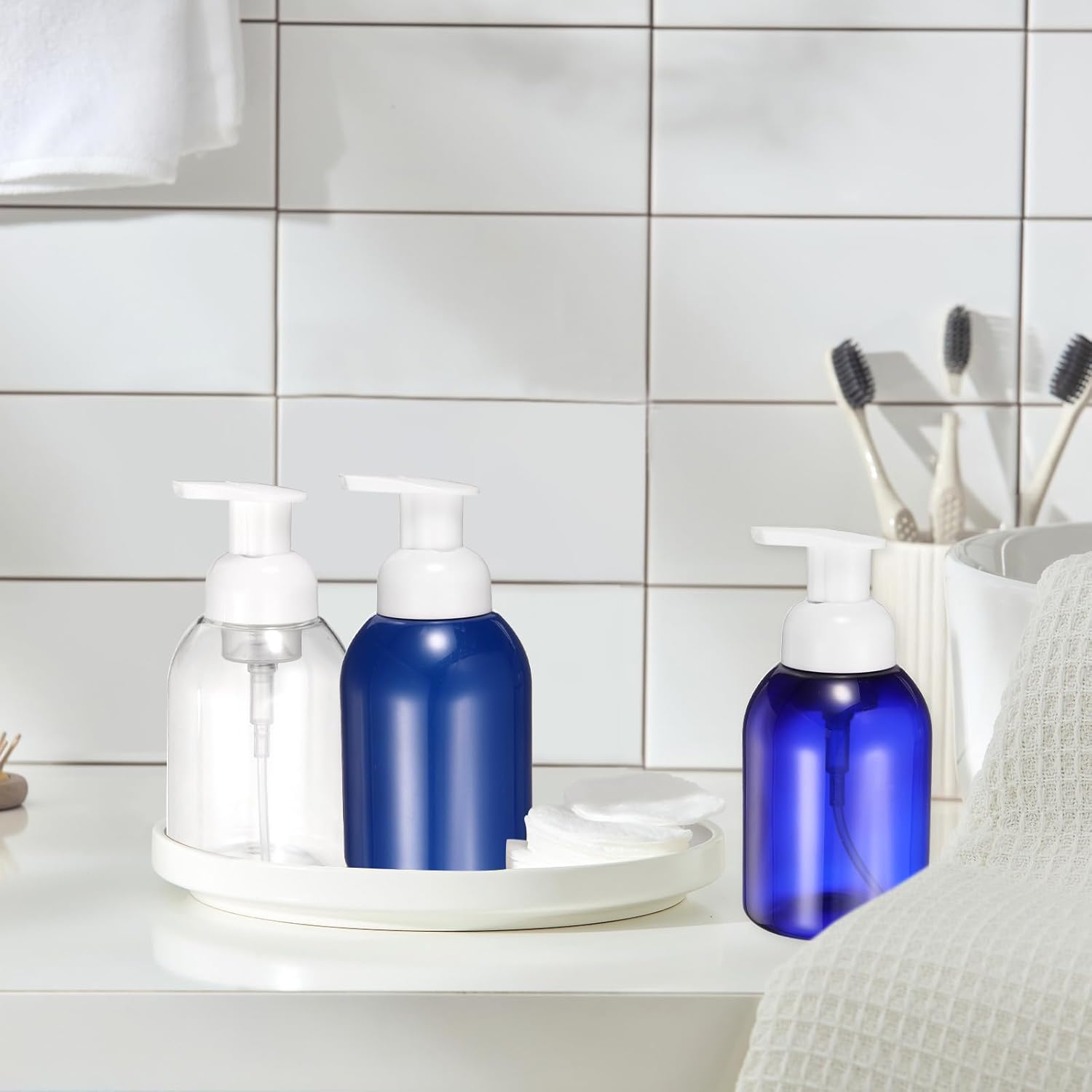2PCS Round Empty Foam Pump Bottle, 350ml Travel Foam Soap Dispenser Empty Refillable Plastic Pump Bottle for Lash Shampoo, Hand Soap, Facial Lotion(6" Blue)