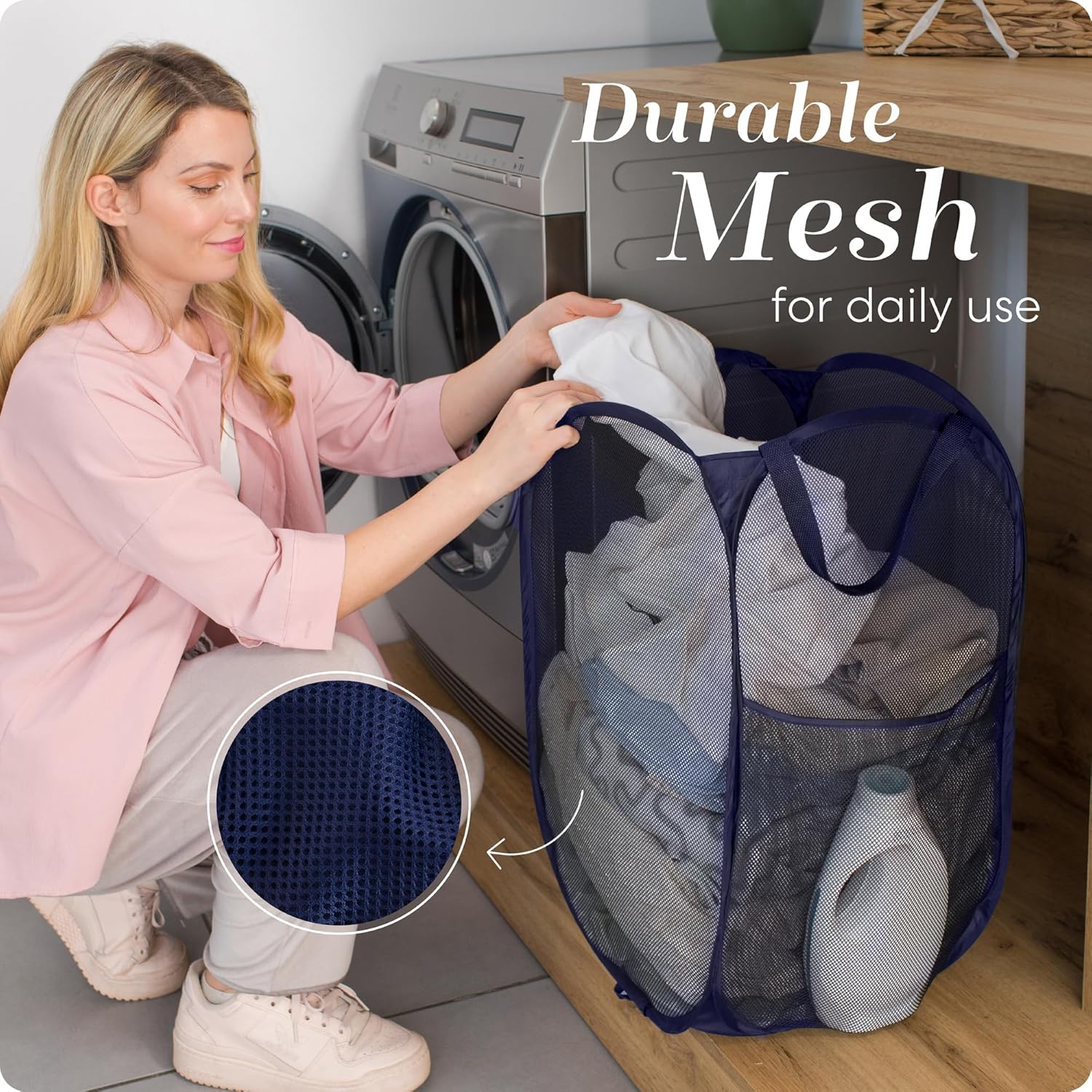 Collapsible Mesh Pop Up Laundry Hamper 2-Pack – Large Foldable Laundry Basket with Side Pocket, Breathable & Durable, Space-Saving for Clothes, Toys, Travel, Dorm, Bedroom, Blue