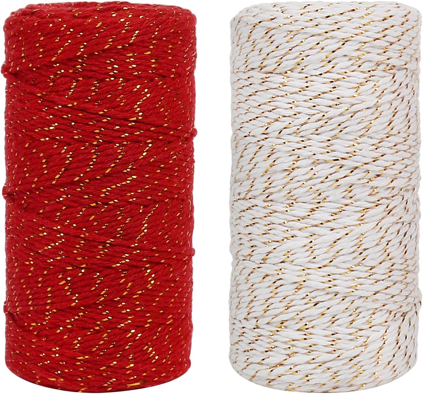 Bakers Twine, 2 Roll x 328 Feet 2mm Gold Wire Combined Christmas Twine String Ribbon for Gift Wrapping, Baking, Crafting, Holiday Decorations