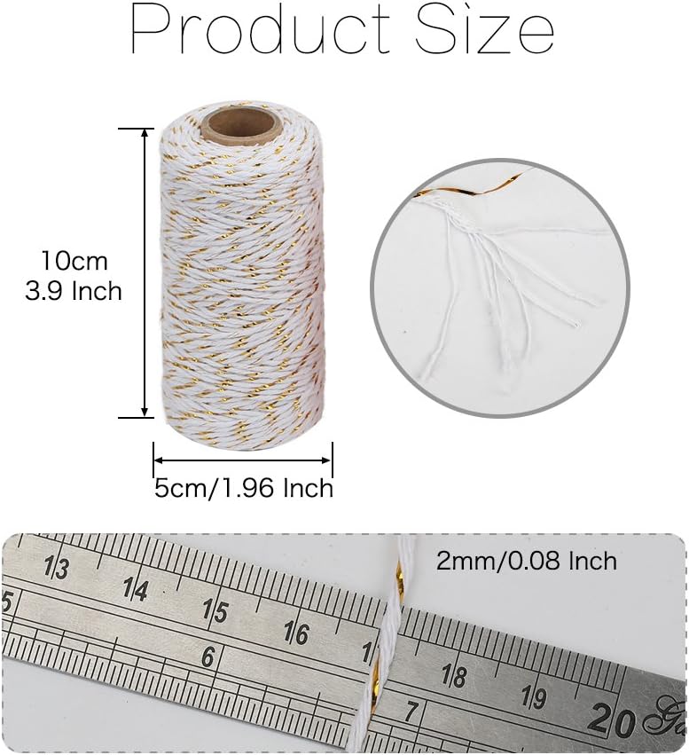 Bakers Twine, 2 Roll x 328 Feet 2mm Gold Wire Combined Christmas Twine String Ribbon for Gift Wrapping, Baking, Crafting, Holiday Decorations