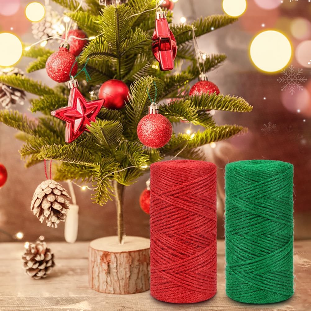 Red Green Jute Twine, 328 Feet x 2 Rolls 2mm Colored Christmas Twine String for Gift Wrapping, Holiday Decorations, Bundling, Gardening, DIY Crafts