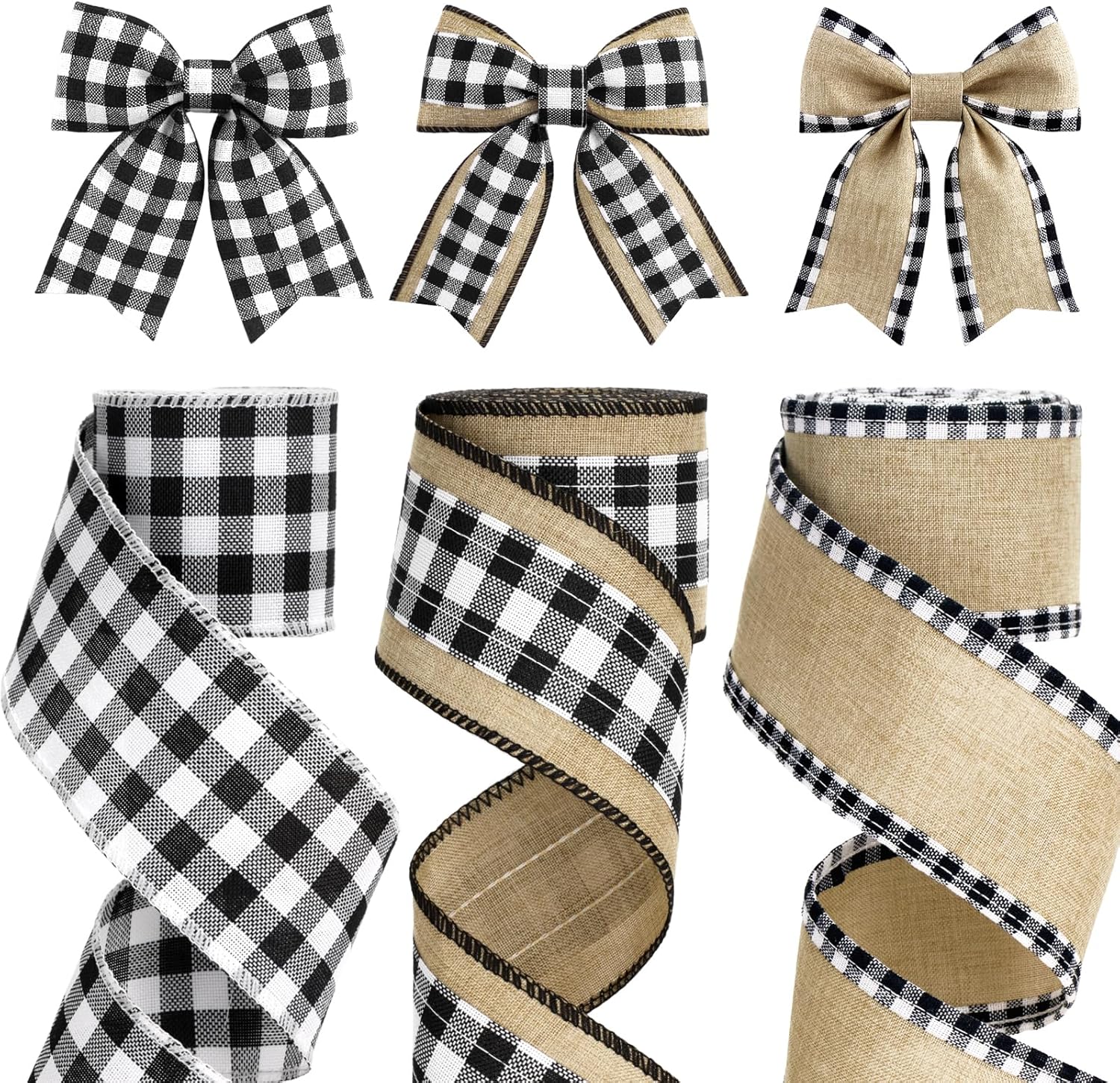 Buffalo Plaid Ribbon Wired – 3 Rolls 2.5'' x 18 Yards, Burlap Black and White Plaid Ribbons for Crafts, Christmas Gift Wrapping, Wreaths and Decoration
