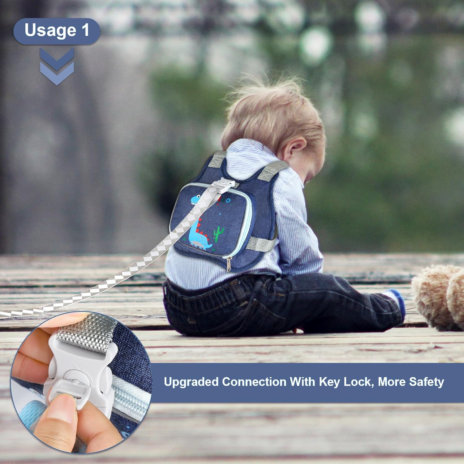Toddler Harness Leash+ Anti Lost Wrist Link, Cute Dinosaur Kids Harness with Leash, Foldable Child Leash Baby Walking Wristband Assistant Strap Belt Hold Baby Boys Girls Close While Walking