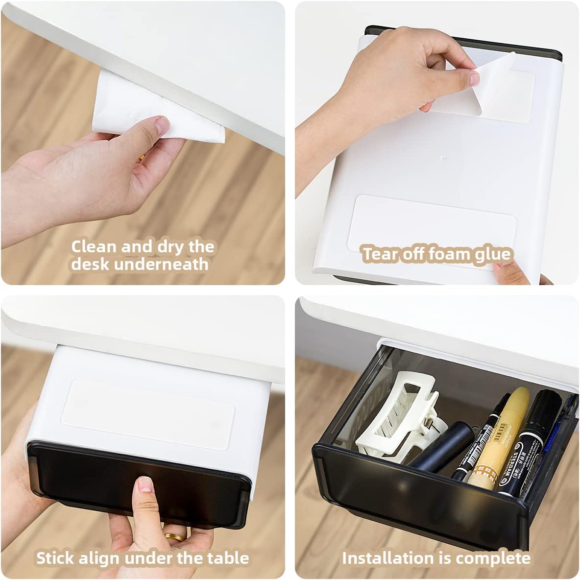 1 Pcs Under Desk Drawer, Under Table Hidden Organizer, Plastic Self-adhesive Slide out Under Desk Storage Drawer for Office Dresser Home School Stationery Kitchen (Black)