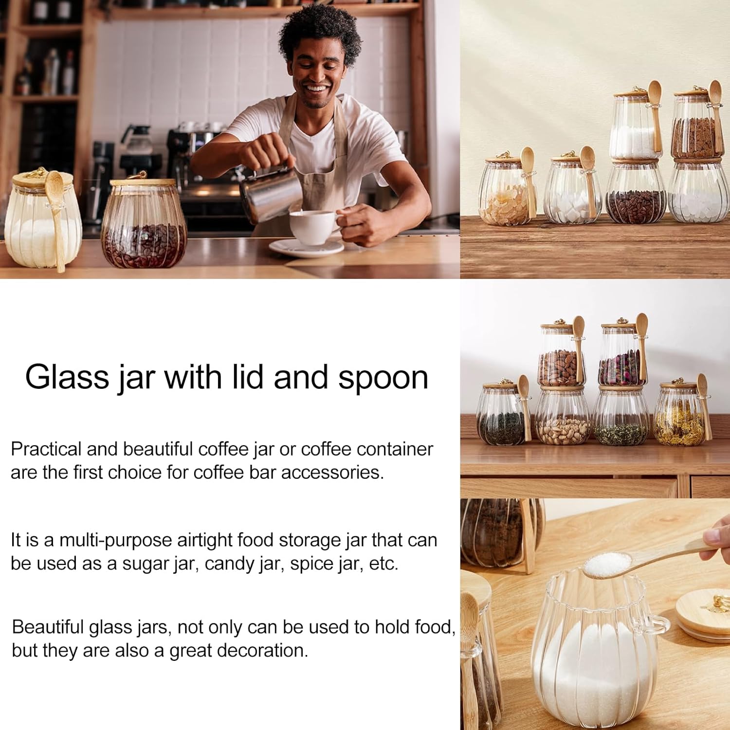 Sugar Bowls Sugar Container 25.36 FL OZ Glass Coffee Canister Airtight Food Storage Jar with Lid and Spoon Candy Jar Coffee Bar Accessories Storage Beans Powder (Conical)