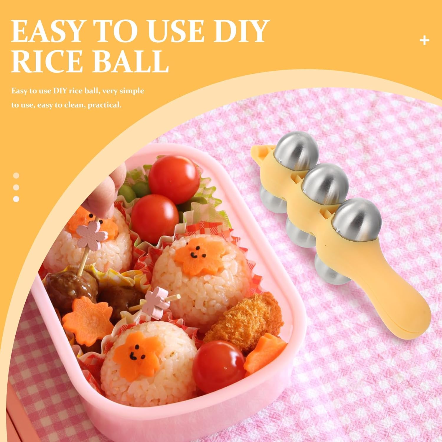 Stainless Steel Rice Ball Maker Set Triangle Sushi Mold with Rice Paddle Non-Stick Riceball Shaker Tool Yellow