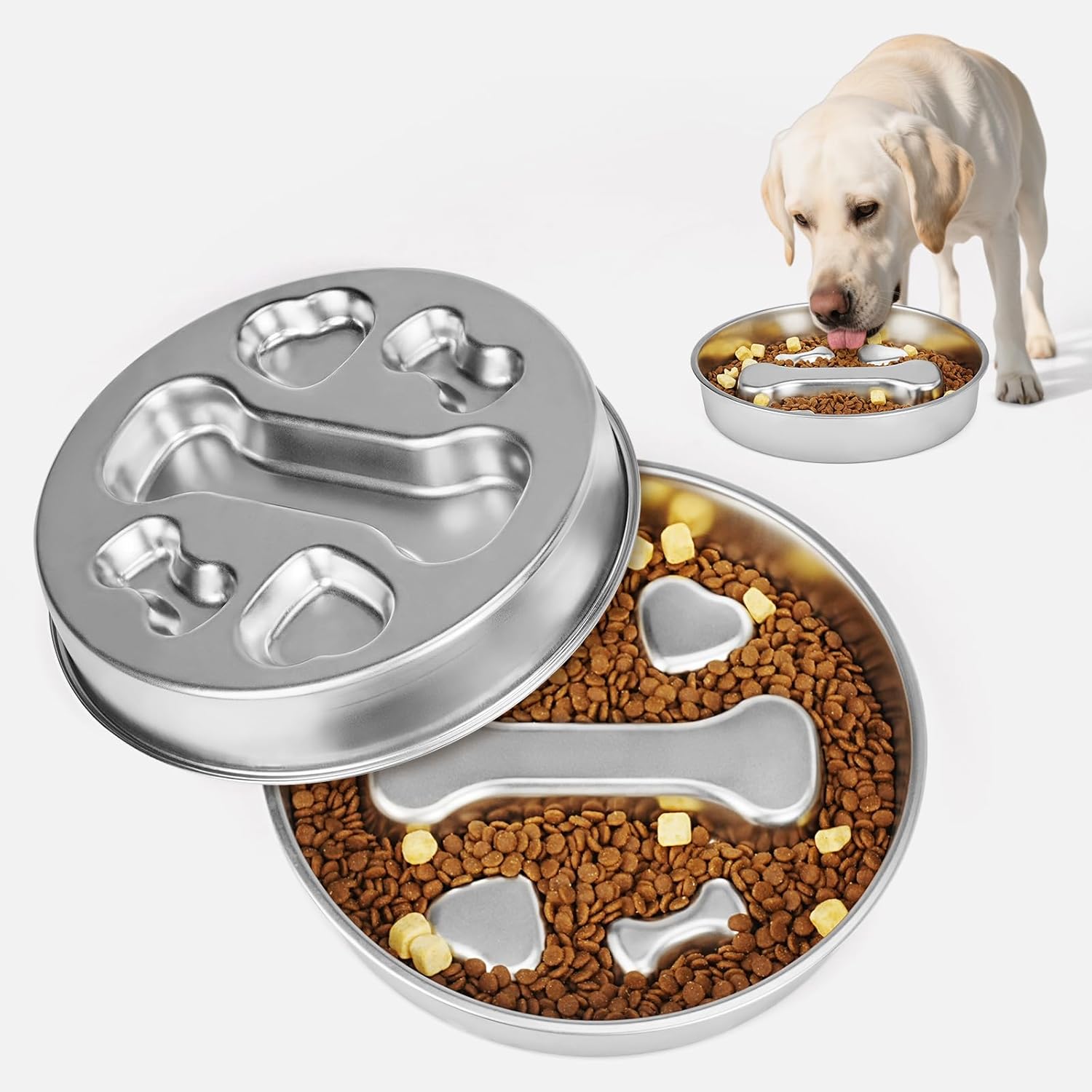 2-in-1 Stainless Steel Dog Slow Feeder & Lick Mat Set of 2 - Dishwasher Safe - Anti-Skid Design for Pet Feeding