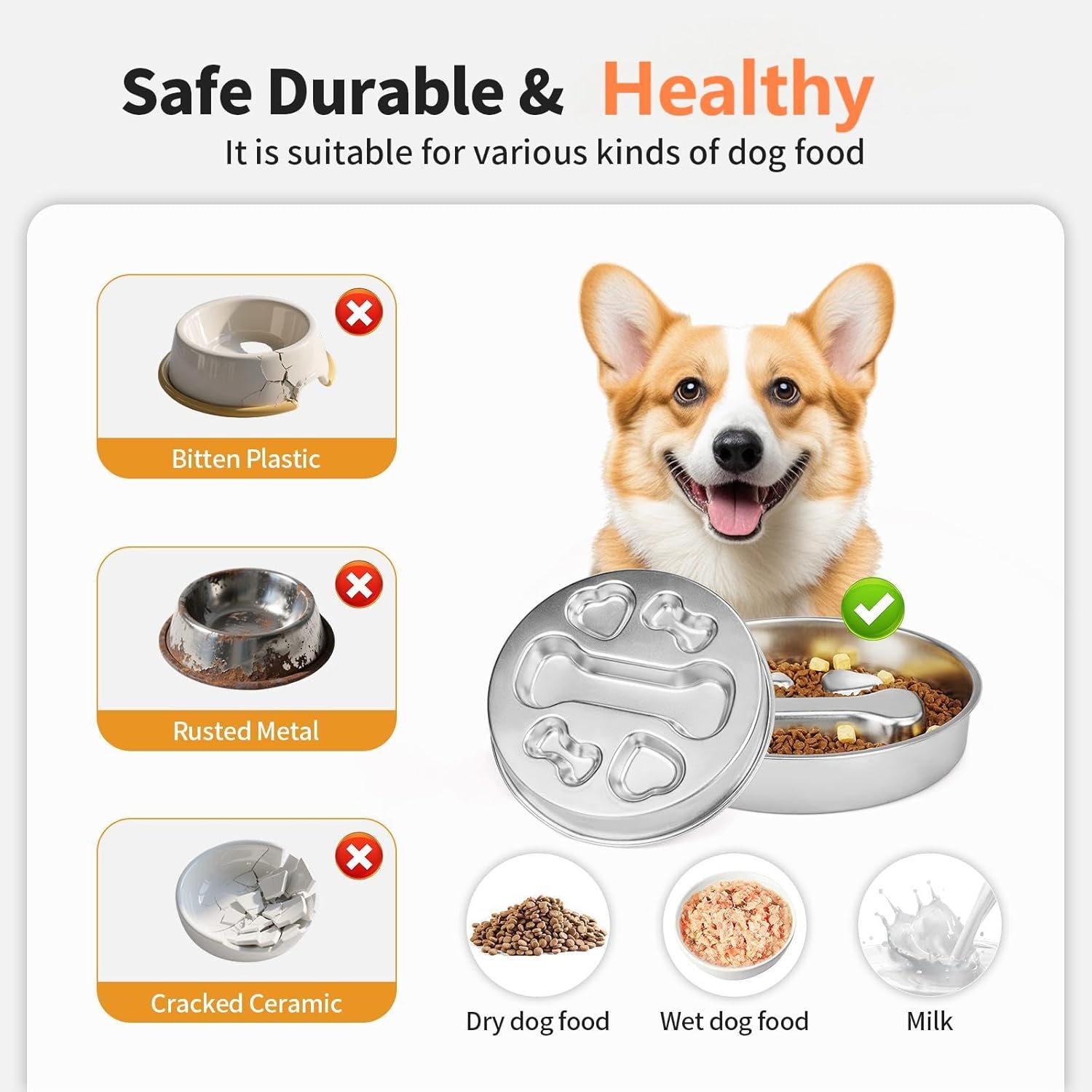 2-in-1 Stainless Steel Dog Slow Feeder & Lick Mat Set of 2 - Dishwasher Safe - Anti-Skid Design for Pet Feeding