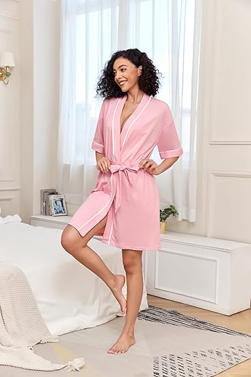 Women's Cotton Bathrobe - Short Sleeves with Pockets & Belt - Breathable Comfort - Lightweight - Pink - XXL