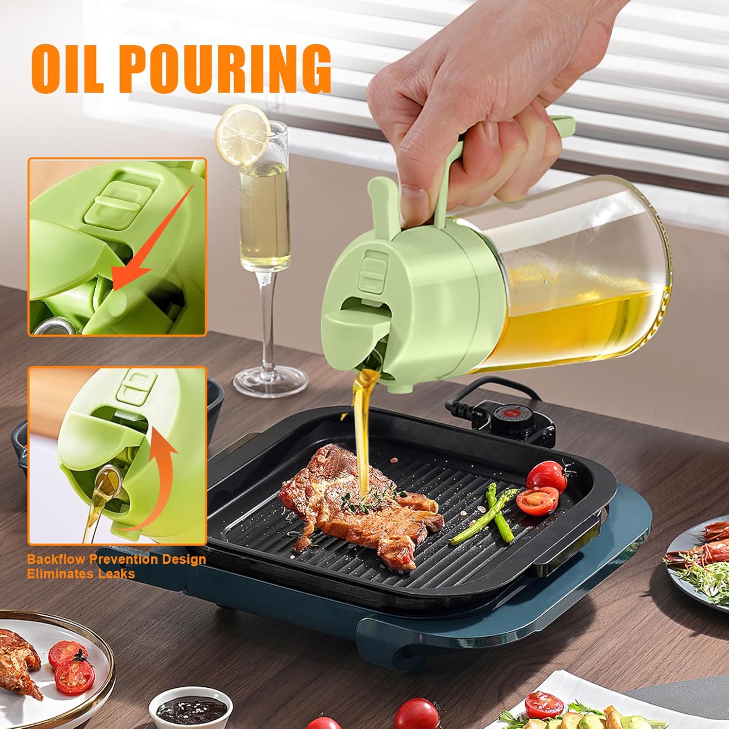 2-in-1 Olive Oil Spray & Pour Bottle 470ml Glass Dispenser for Cooking BBQ Kitchen