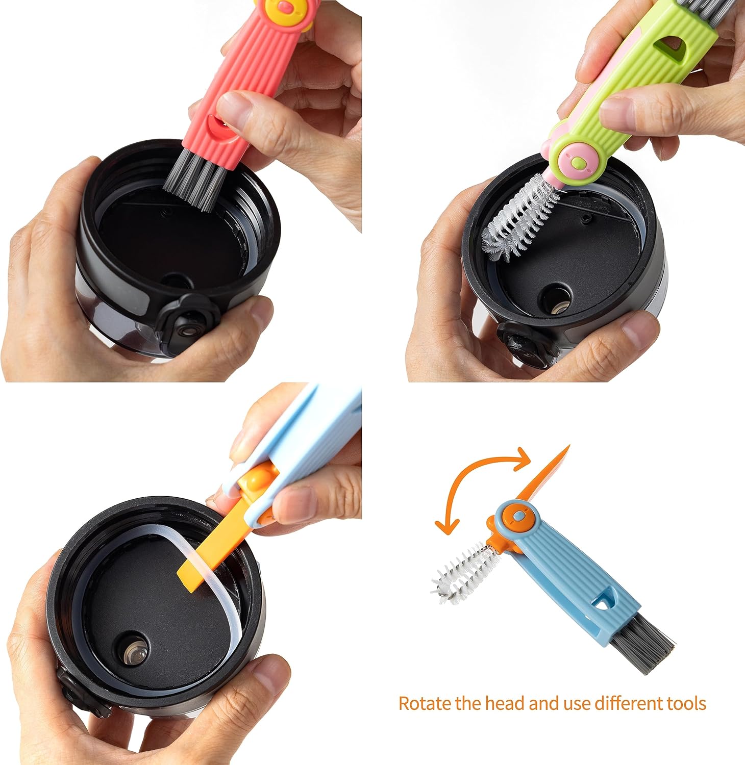 3-in-1 Bottle Cap Cleaning Brush Set with 3 Brush Heads Rotatable Compact Multifunctional