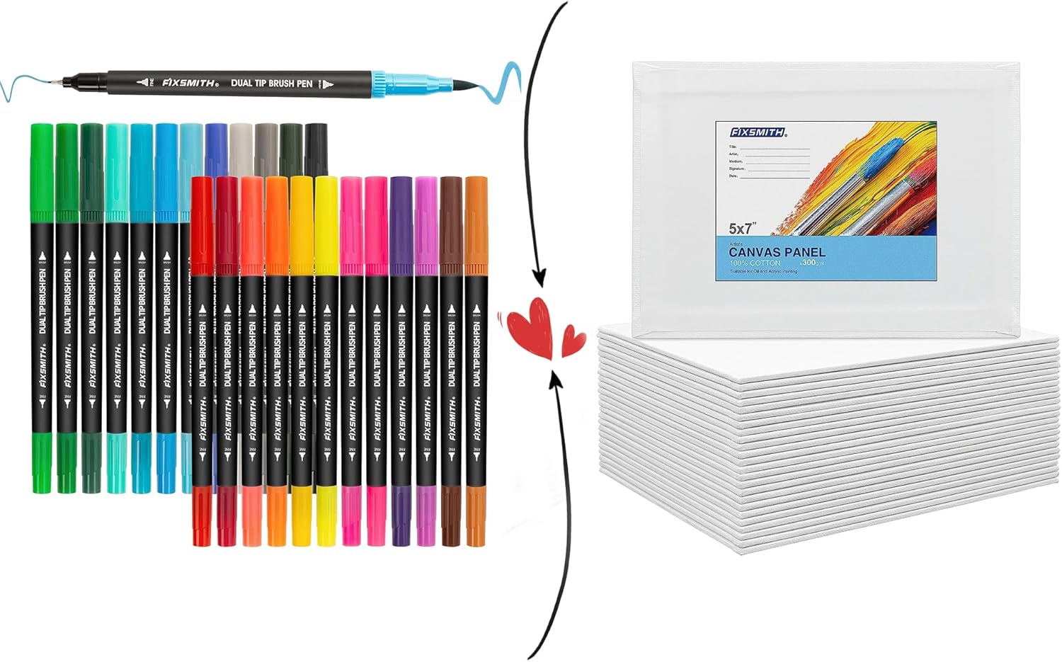 Dual Brush Marker Pens - 24 Colored Art Markers & Painting Canvas Panel Boards - 5x7 Inch Art Canvas,24 Pack Mini Canvases,Primed Canvas Panels,100% Cotton,Acid Free,Professional Quality Arti