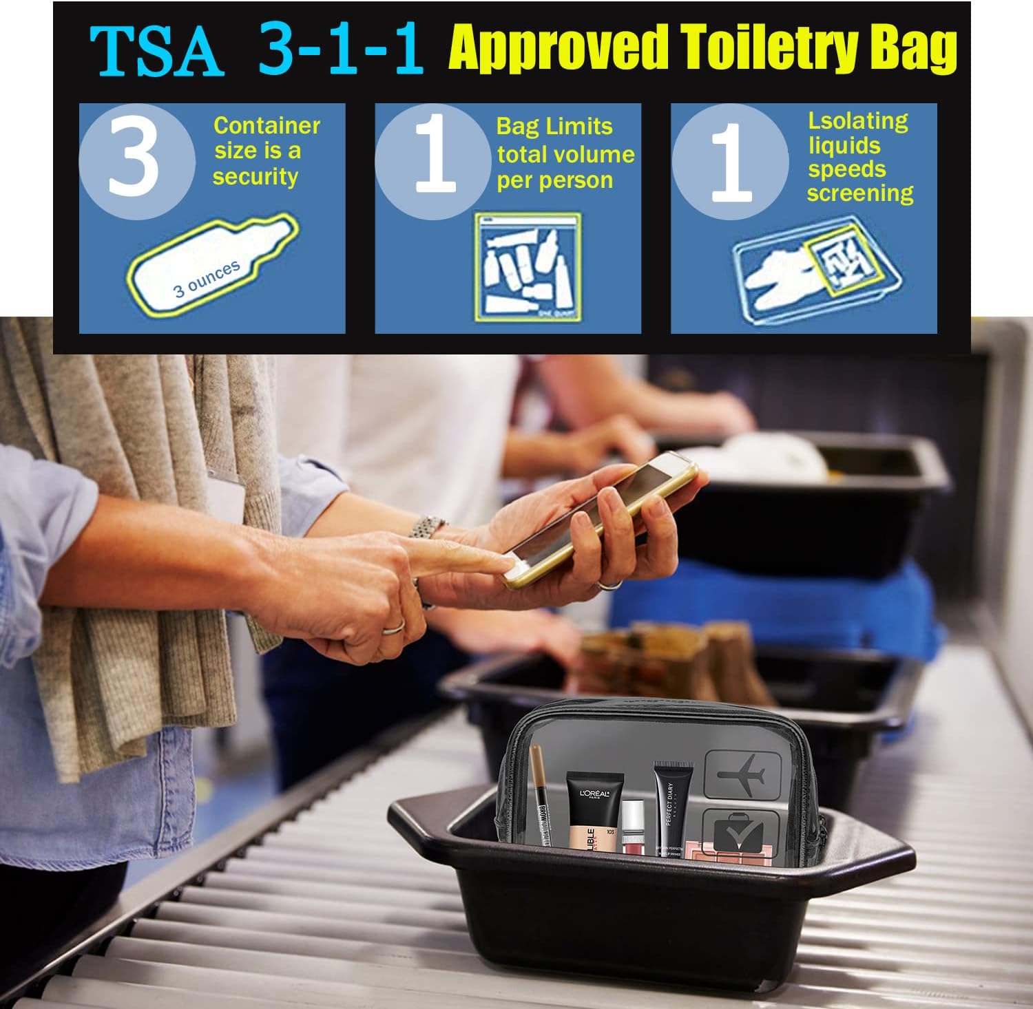TSA Approved Toiletry Bag Luggage Tag, Perfect Size to fit in Your Carry- Luggage for Travel or Vacatis.