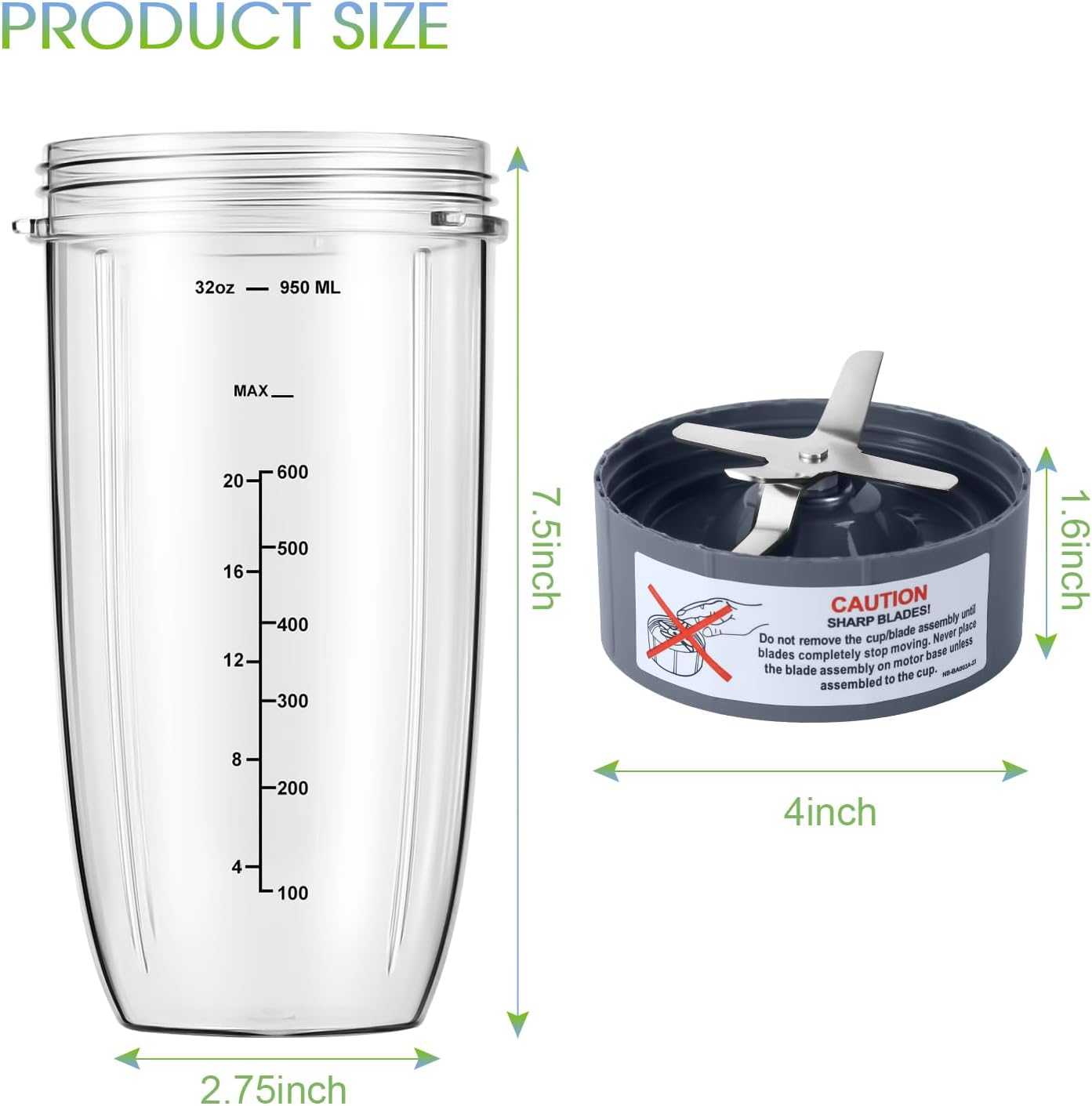 New Blender Cup and Blade Replacement Parts 32oz Cup and Extractor Blade and 2 Rubber Gaskets 4-Piece Compatible with NutriBullet High-Speed Blender/Mixer System 600W/900W Series