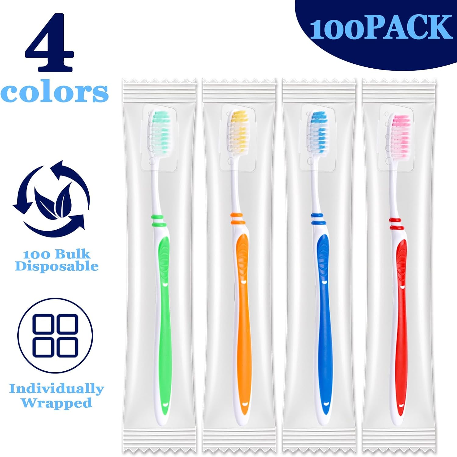 100 Pack Bulk Toothbrush Package with Covers Premium Quality Individually Wrapped Tooth Brushes, Soft Bristle Toothbrushes for Adults & kids, Hygienic Cap Donations, Travel, Hotels, Homeless
