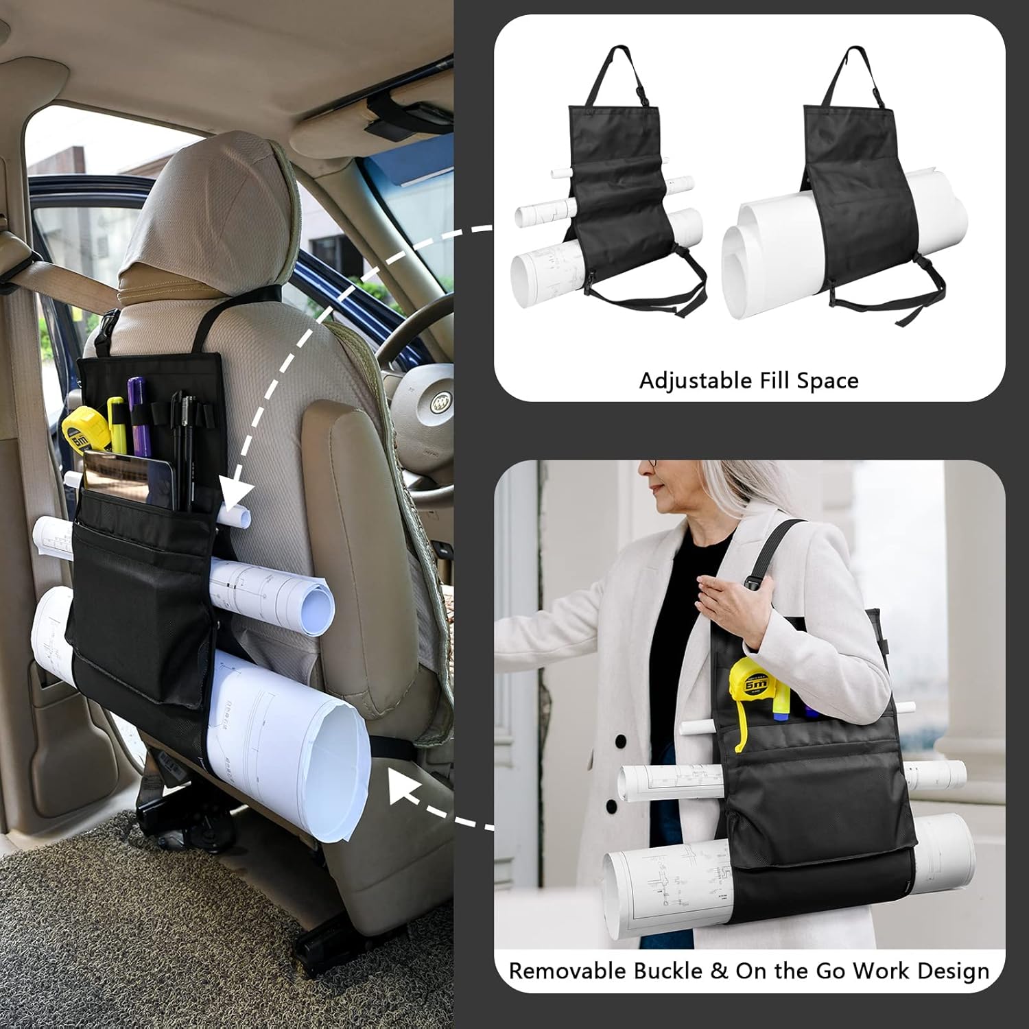 Homakover Car Seat Organizer, Blueprints Car Organizer, Maps Holder, Drawings Car Pockets, Artwork Car Pocket, Posters Holder with Shoulder Strap/Pockets and Comfort Top Handle