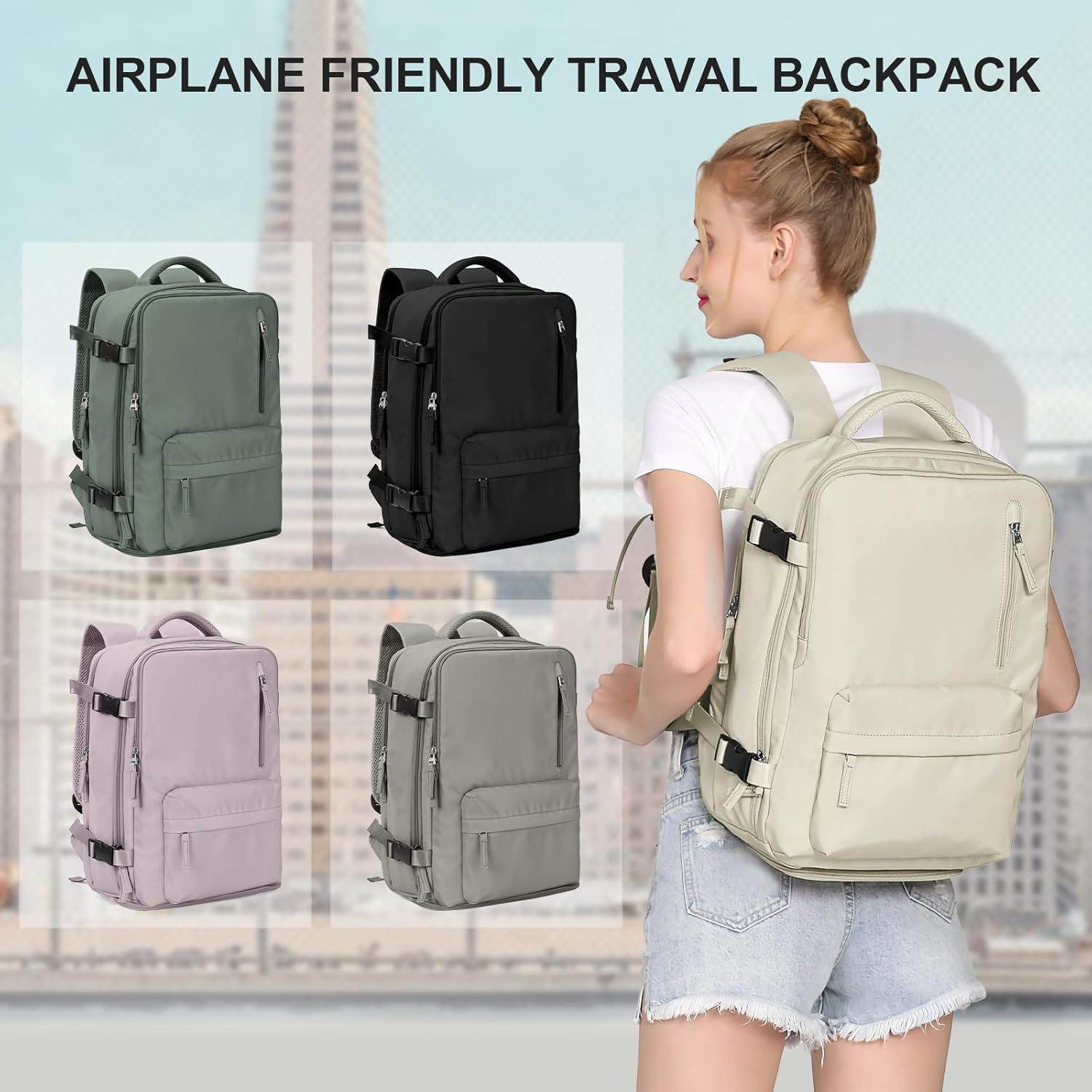 Cabin Bags for Travel, Underseat Carry on Hand Luggage Backpack for Women Airplane Approved Travel Backpack Personal Item Travel Bag 14 inch Laptop Backpack for Business Casual Work Beige