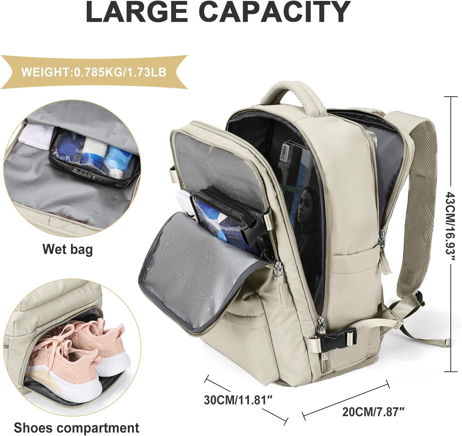 Cabin Bags for Travel, Underseat Carry on Hand Luggage Backpack for Women Airplane Approved Travel Backpack Personal Item Travel Bag 14 inch Laptop Backpack for Business Casual Work Beige