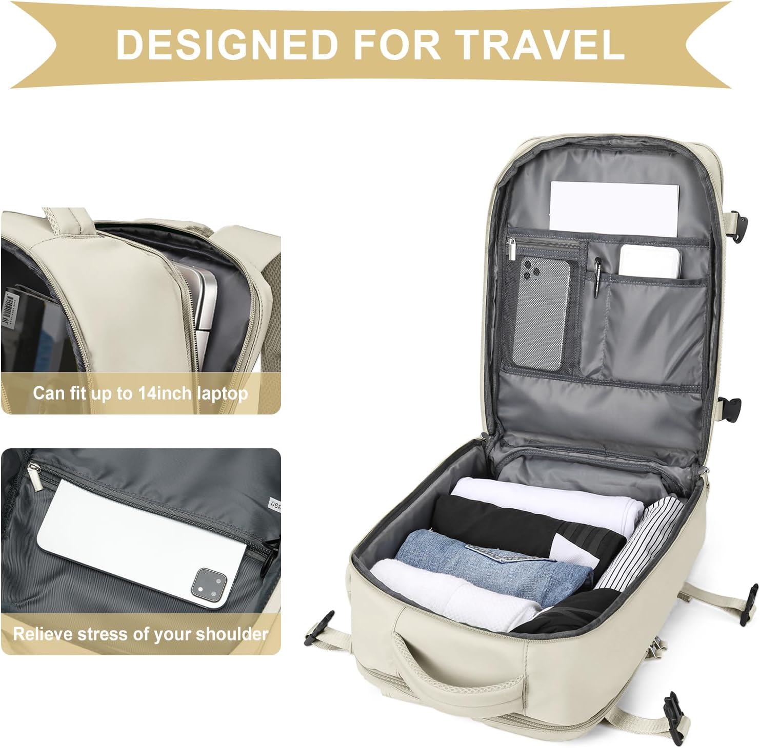 Cabin Bags for Travel, Underseat Carry on Hand Luggage Backpack for Women Airplane Approved Travel Backpack Personal Item Travel Bag 14 inch Laptop Backpack for Business Casual Work Beige