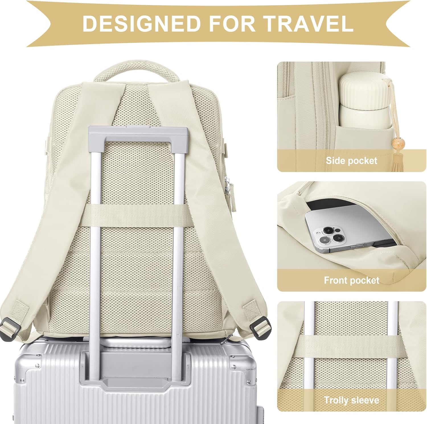Cabin Bags for Travel, Underseat Carry on Hand Luggage Backpack for Women Airplane Approved Travel Backpack Personal Item Travel Bag 14 inch Laptop Backpack for Business Casual Work Beige