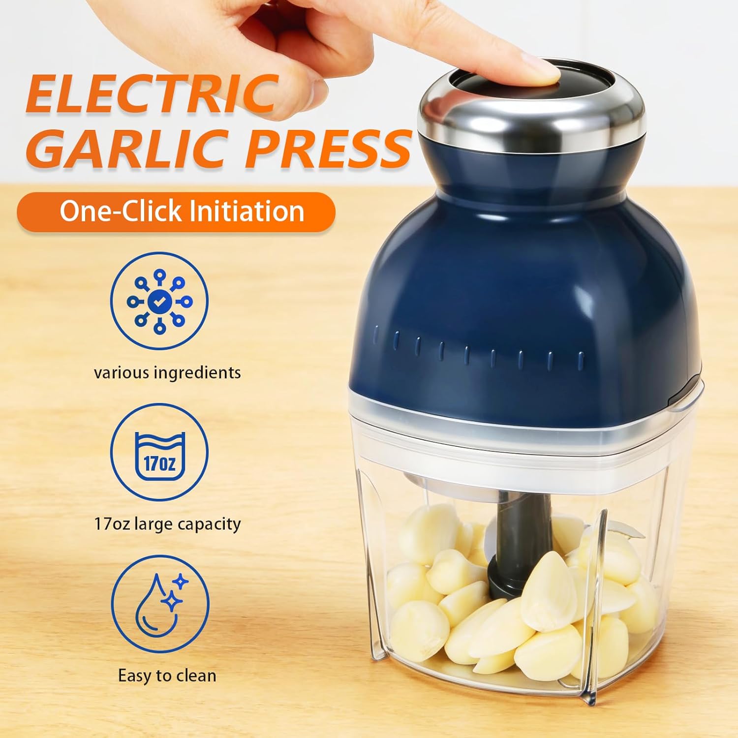 Electric Garlic Press,Food Chopper with 17oz Glass Bowl, For Chopping,Grinding,Mincing,Whisking,Meal Prep,250W,Blue