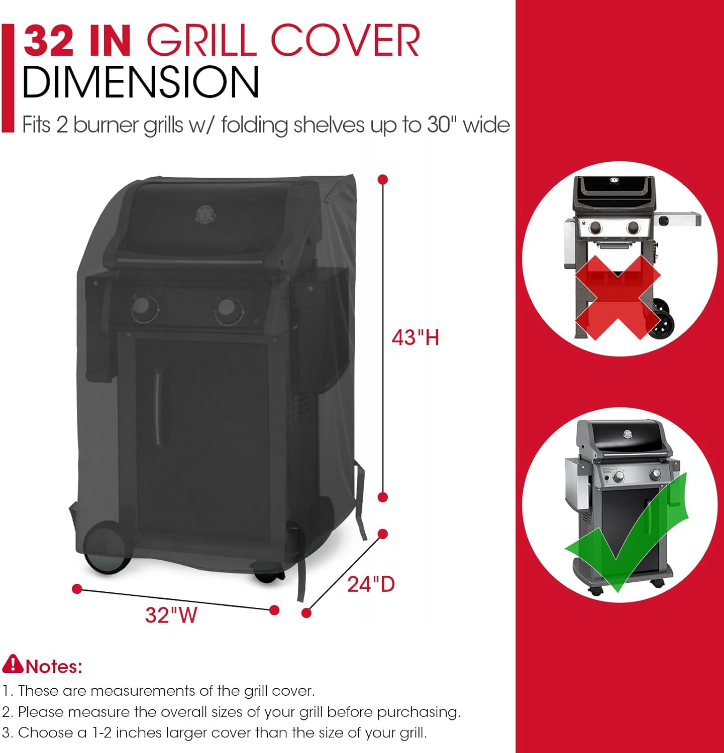 32 Inch Small Grill Cover, Heavy Duty Waterproof 2 Burner Gas BBQ Cover, Compatible with Weber Char-Broil Nexgrill KitchenAid Grills with Both Side Tables Down, All Weather Protection