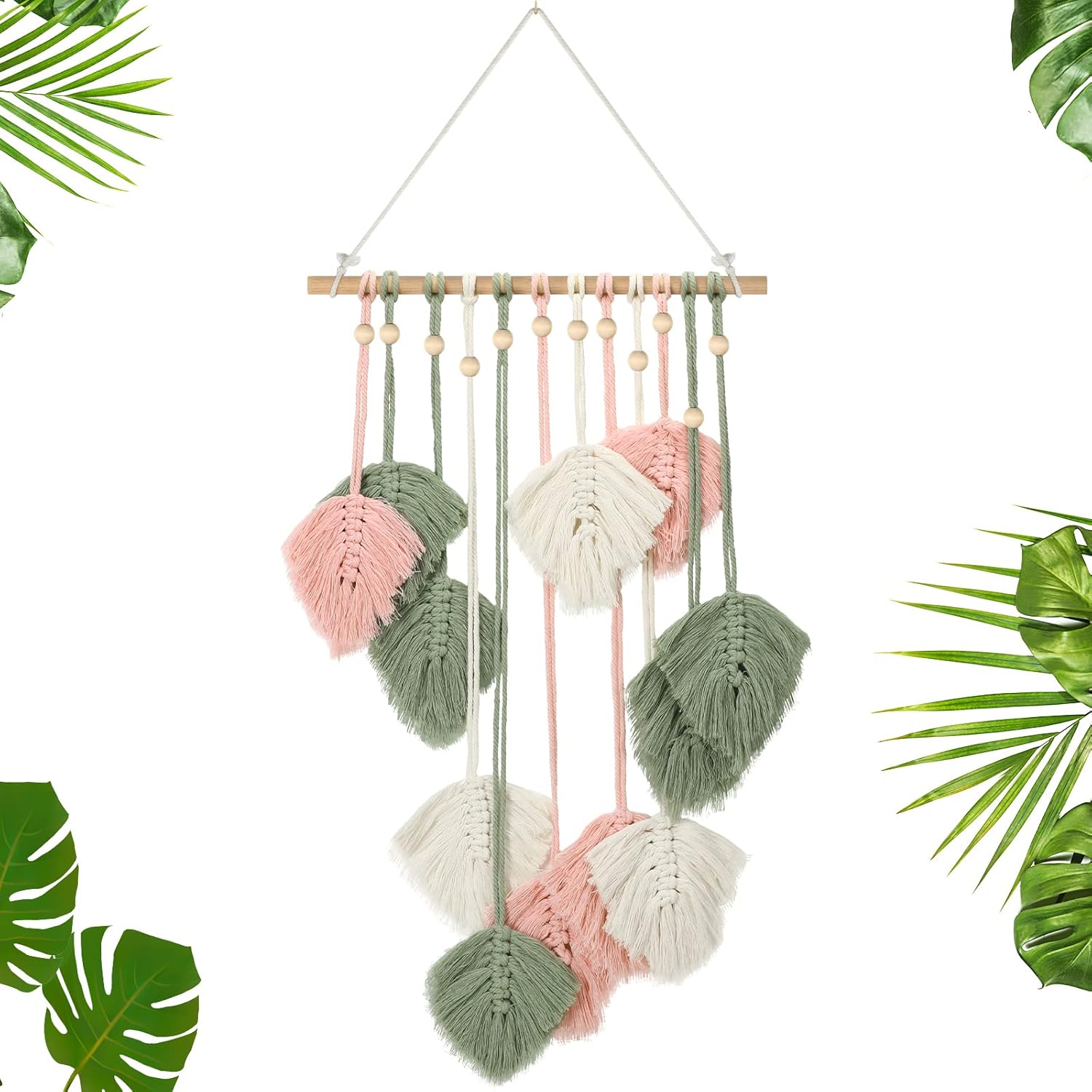 Large Macrame Wall Hanging Leaves Boho Green Leaf Macrame Tapestry Decor Leaf Feather Woven Hanging Wall Art Bohemian Decoration for Bedroom Living Room Nursery 16.5 x 35.4 Inch(Pink)