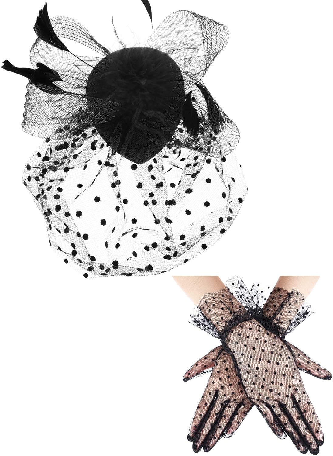 50s Fascinators for Women Funeral Veil Tea Party Hat and Gloves Pillbox Cocktail Hat