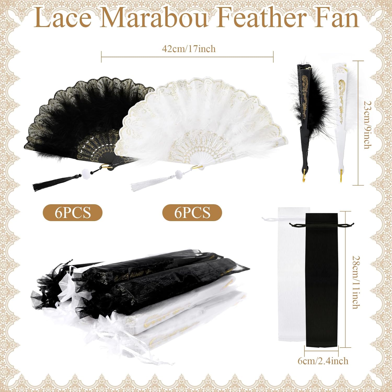 12 Sets Marabou Feather Fan Bulk 20s Folding Fan Wedding Party Favor Lace Vintage Embroidered Flapper Costume Women Dancing Party (White,Black)